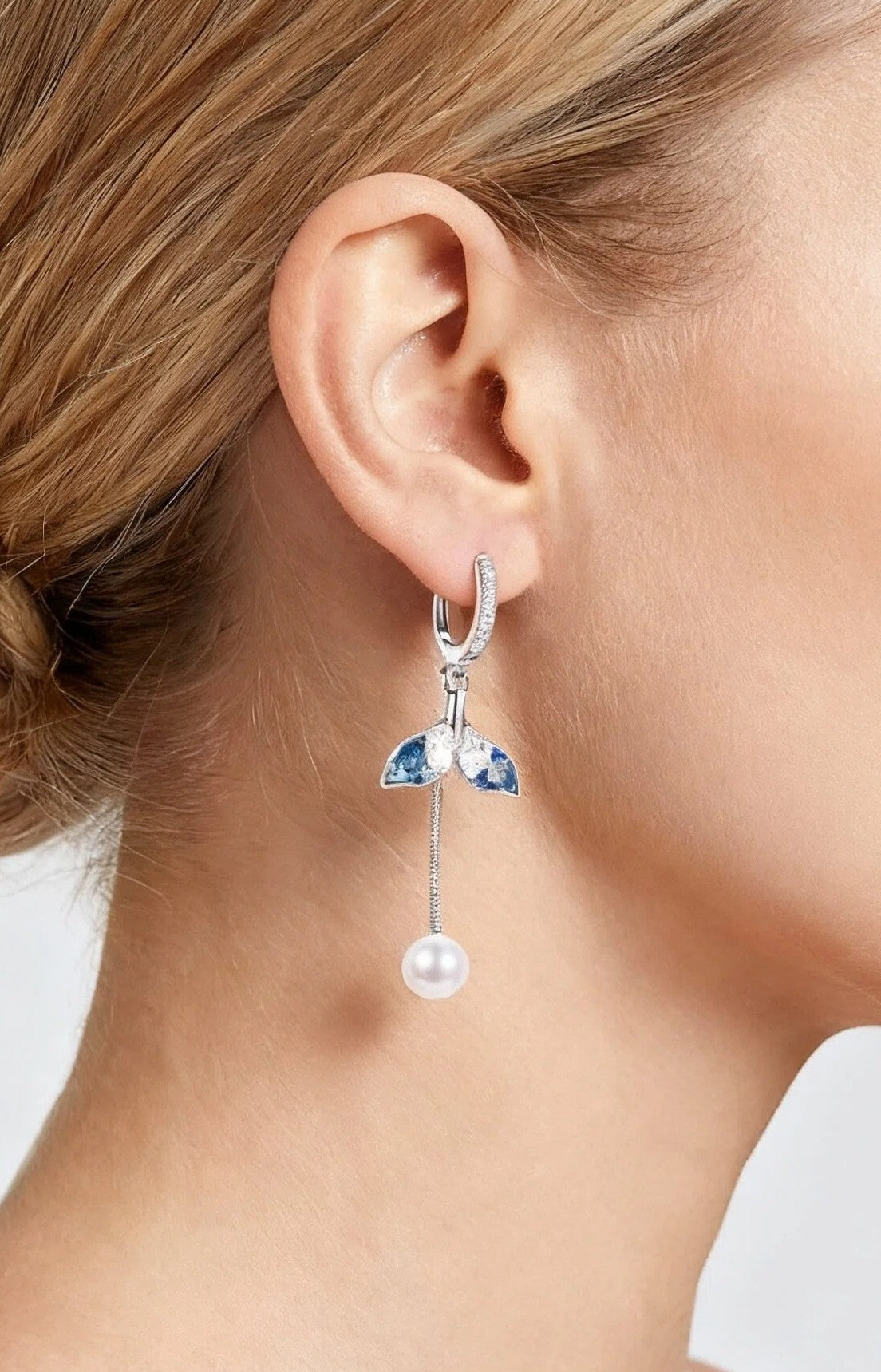 Silver Whale Tail Pearl Drop Hoop Earrings