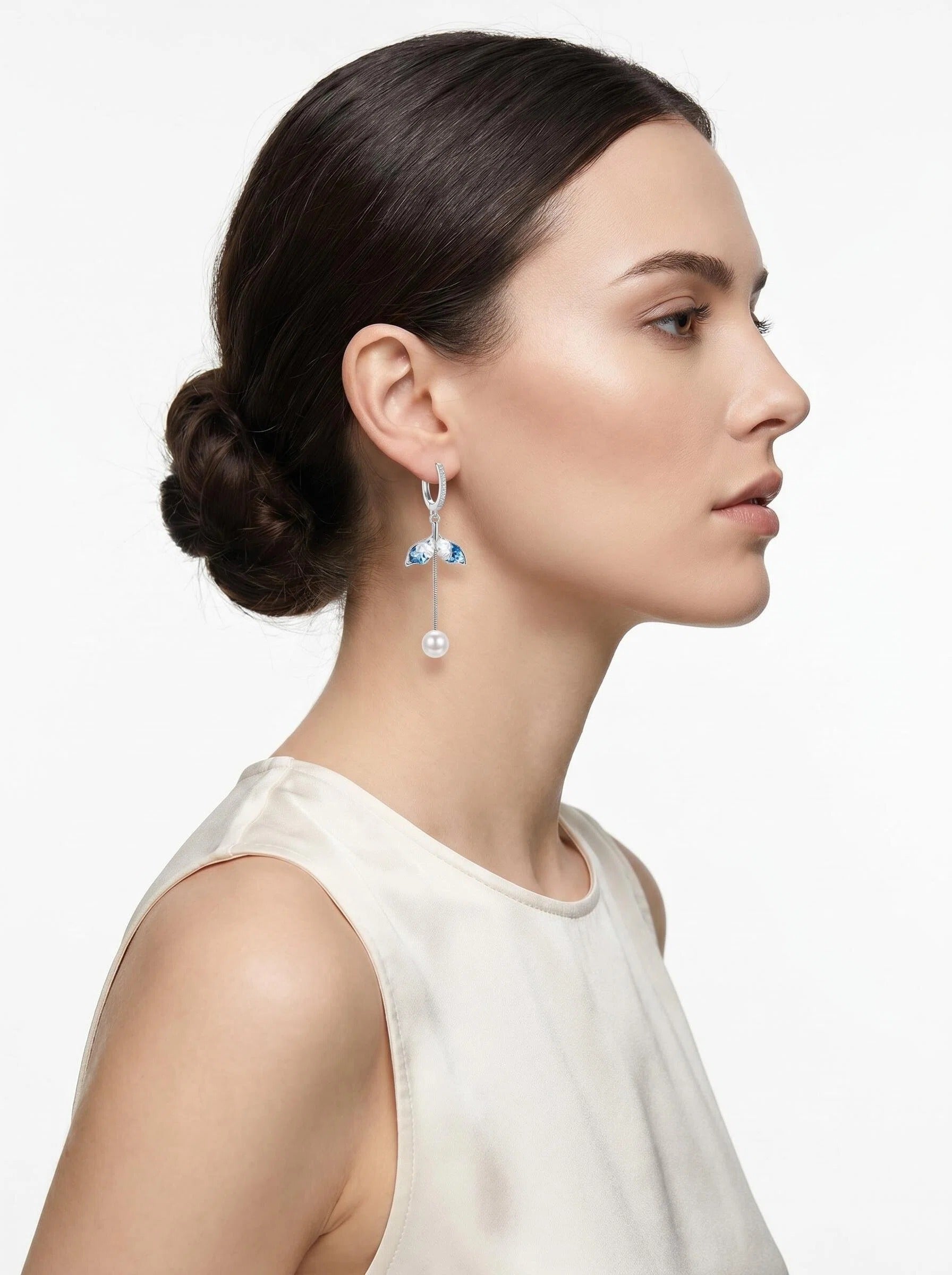 Silver Whale Tail Pearl Drop Hoop Earrings
