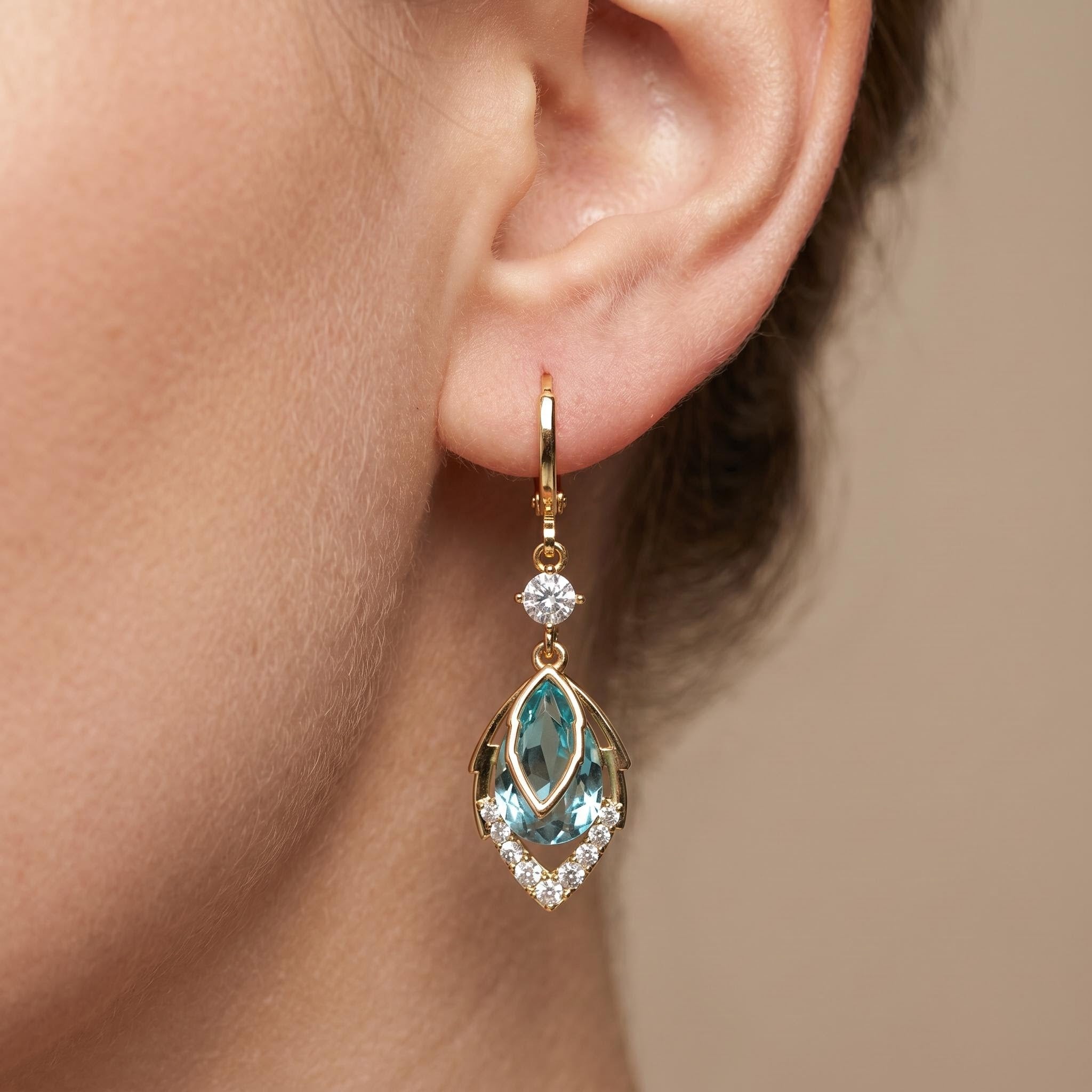 Gold Teardrop Blue Crystal Drop Earrings with Zircon Hoop Detail