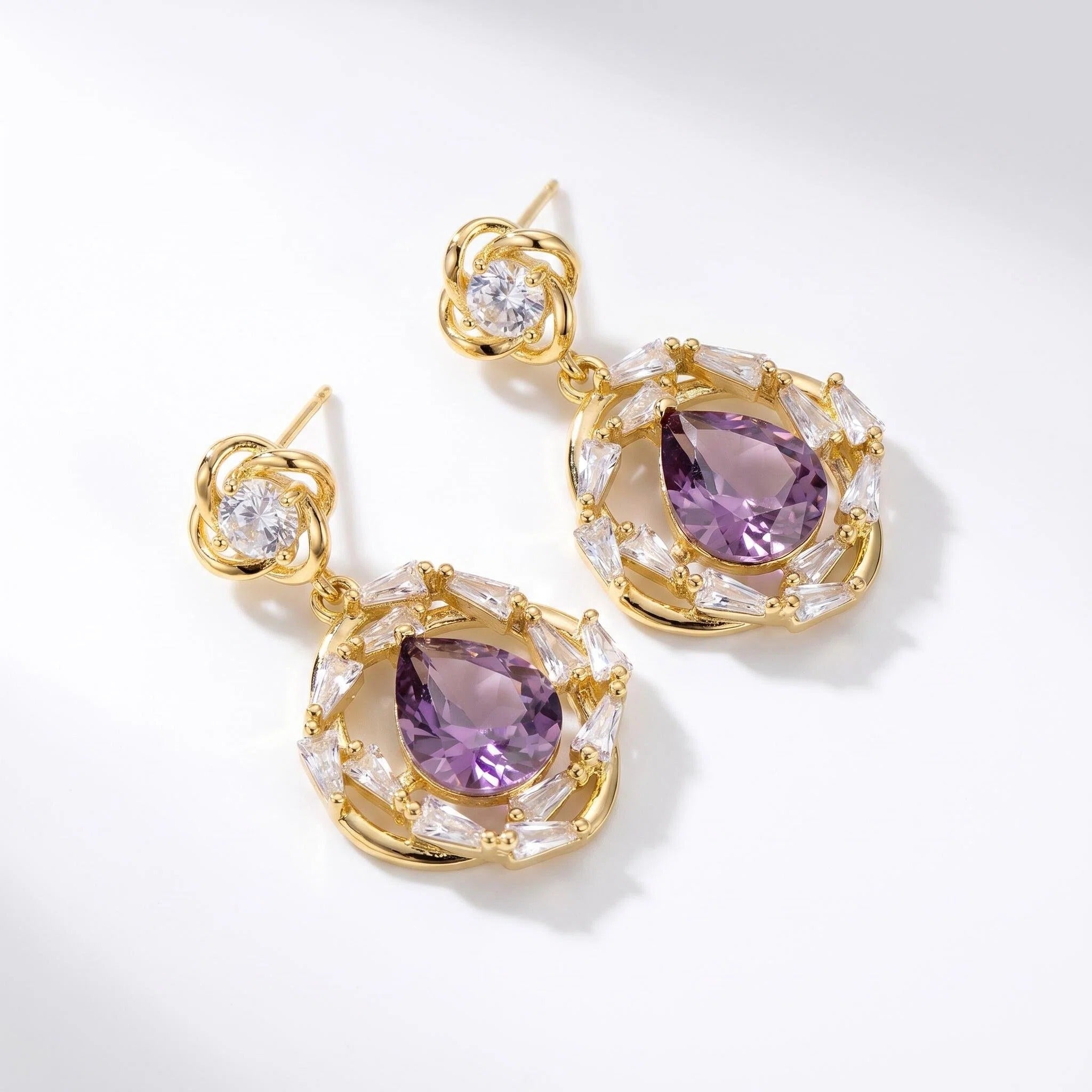 Gold Purple Teardrop Crystal Drop Earrings with Floral Zircon Halo Detail