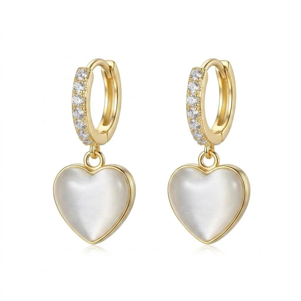 Gold White Heart Charm Drop Earrings with Crystal Pavé Detail