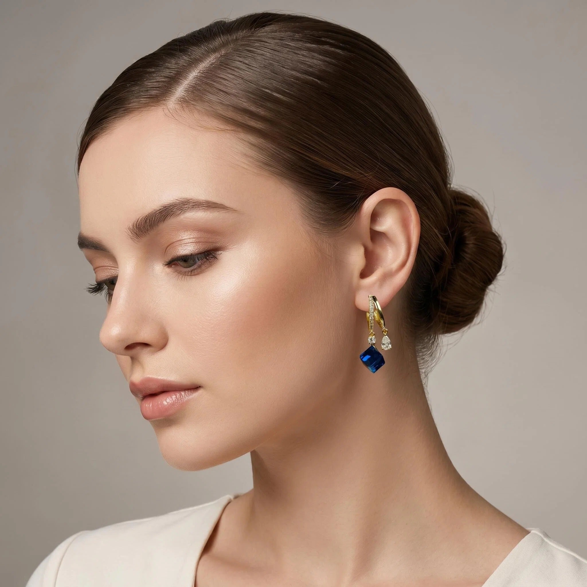 Gold Blue Crystal Cube Drop Drop Earrings with Zircon Charm Detail
