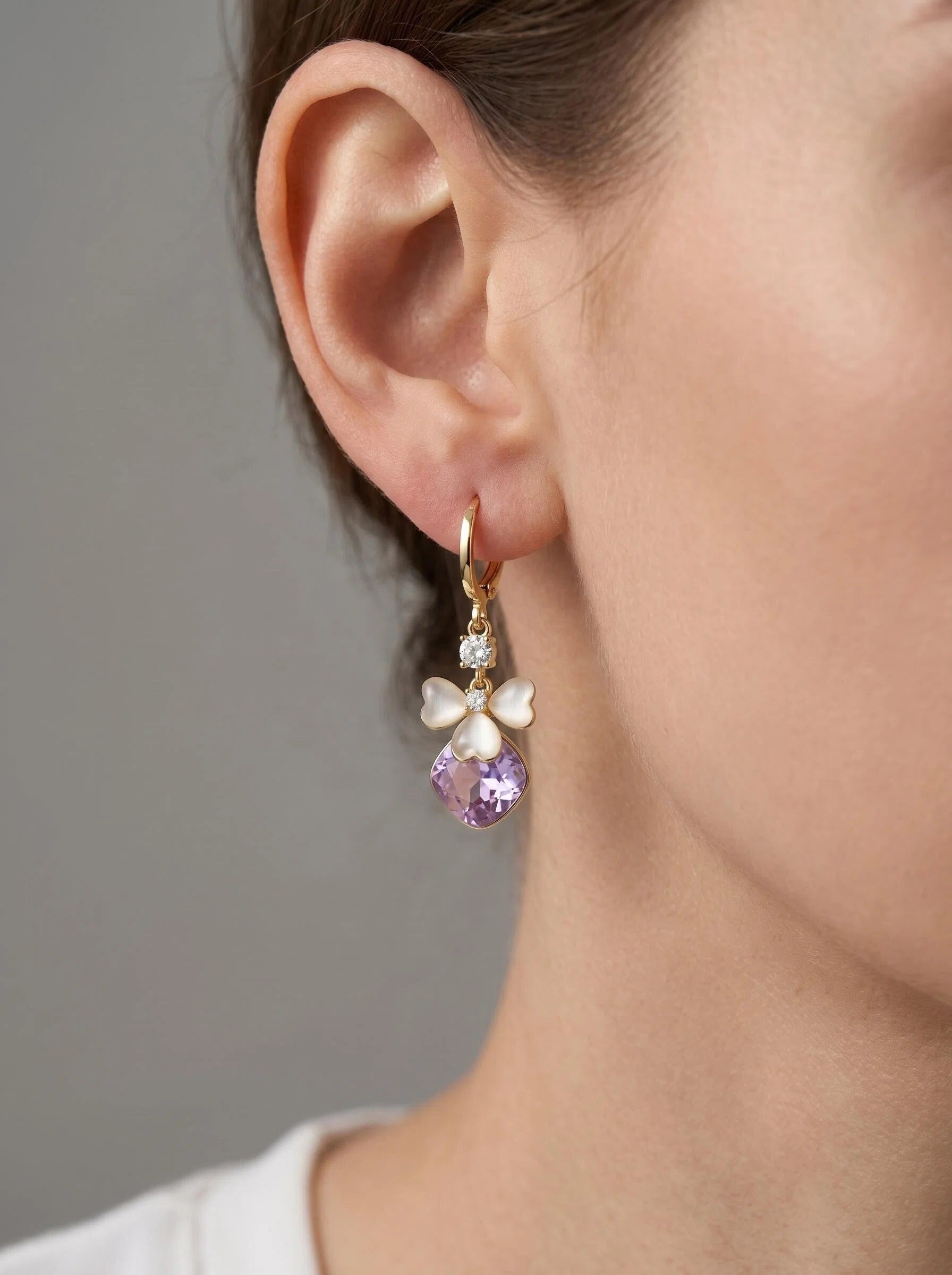 Gold Purple Crystal Bow Drop Hoop Earrings with White Heart Charm Detail