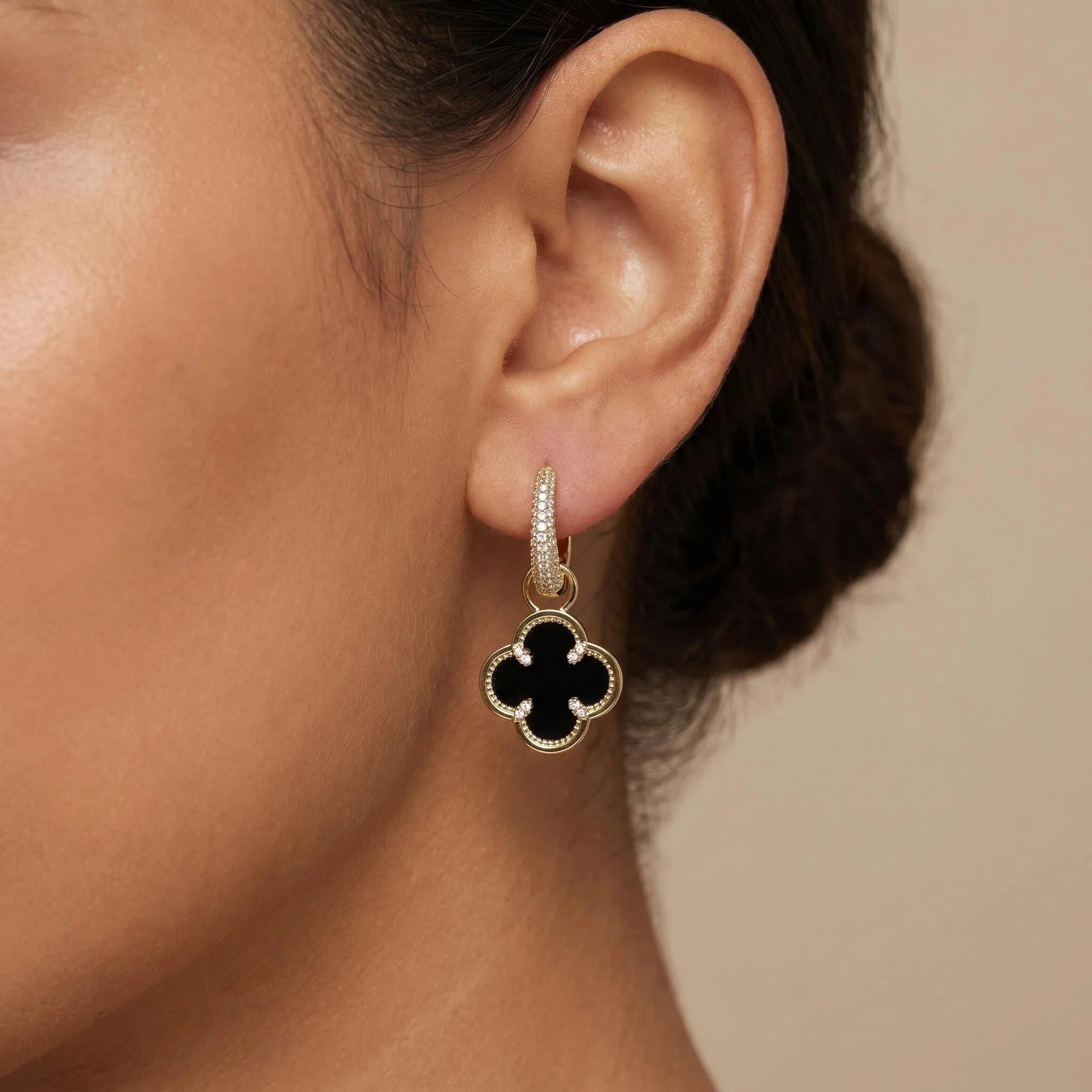 Gold Pavé Hoop Earrings with Black Clover Charm Drop and Zircon Details