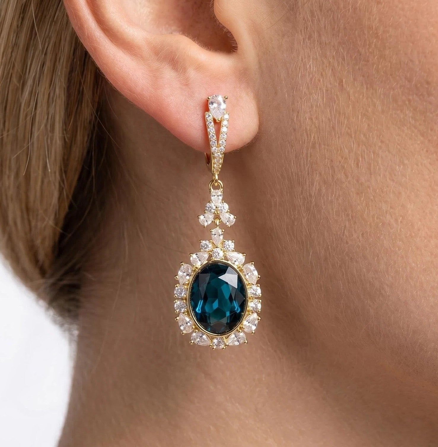 Gold Teardrop Statement Earrings with Sapphire Blue Crystal and Halo Zircon Accents