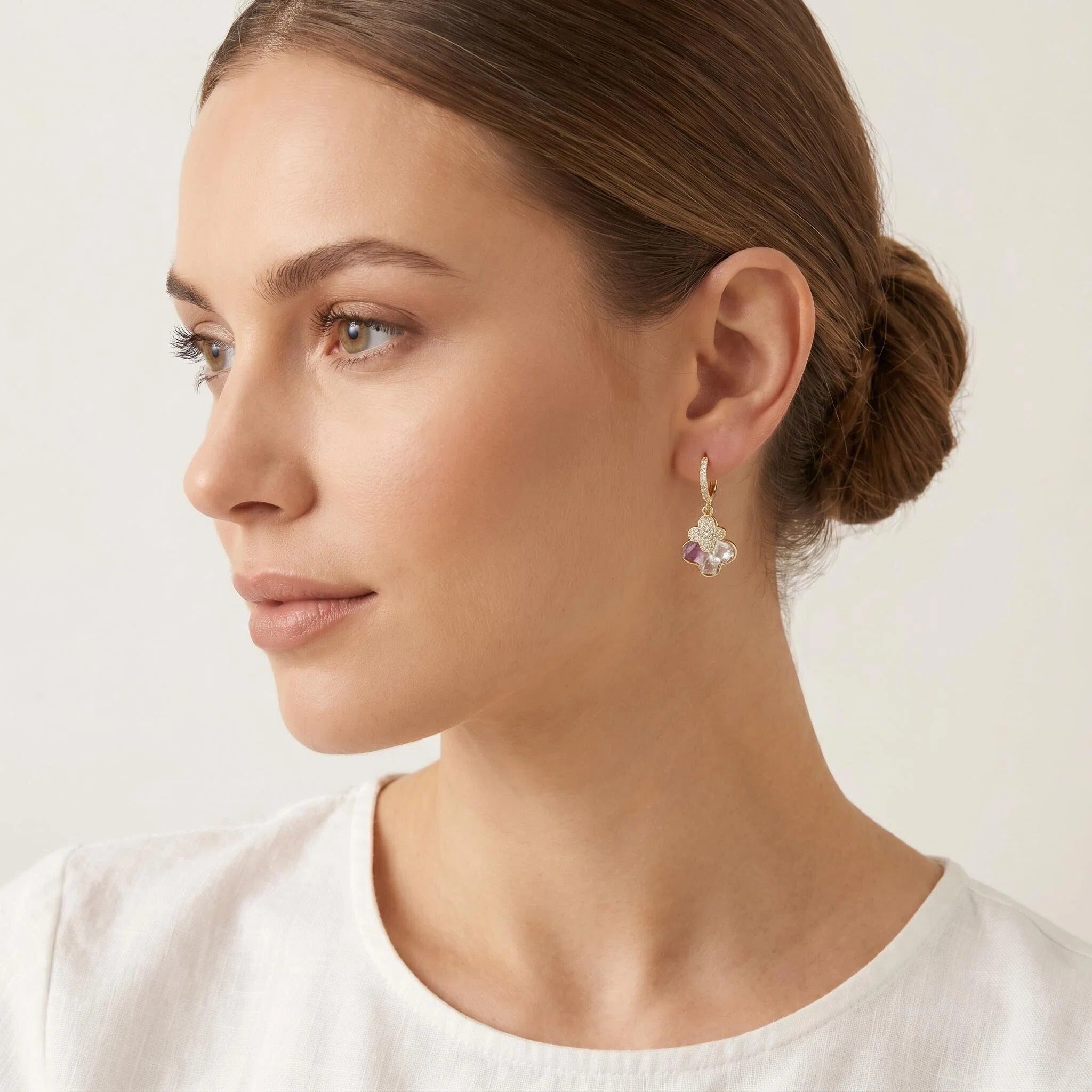 Gold Pavé Hoop Earrings with Pink Crystal Clover Charm and Irregular Stone Drop Pendant