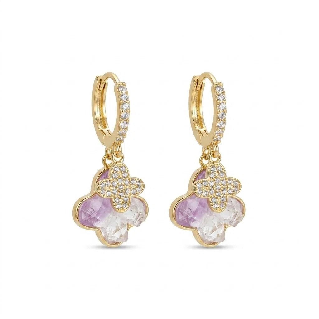 Gold Pavé Hoop Earrings with Pink Crystal Clover Charm and Irregular Stone Drop Pendant