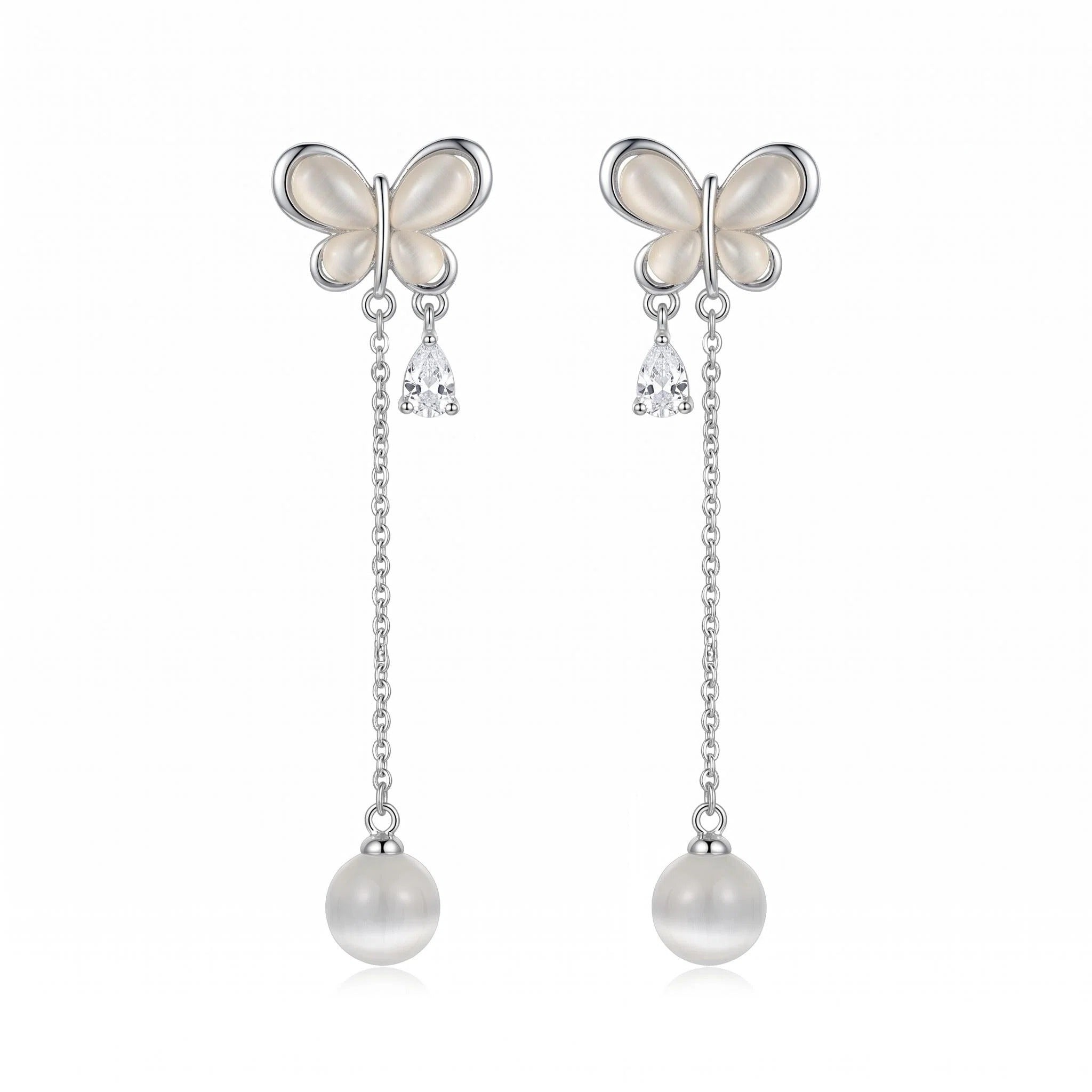 Silver Butterfly Pearl Drop Earrings