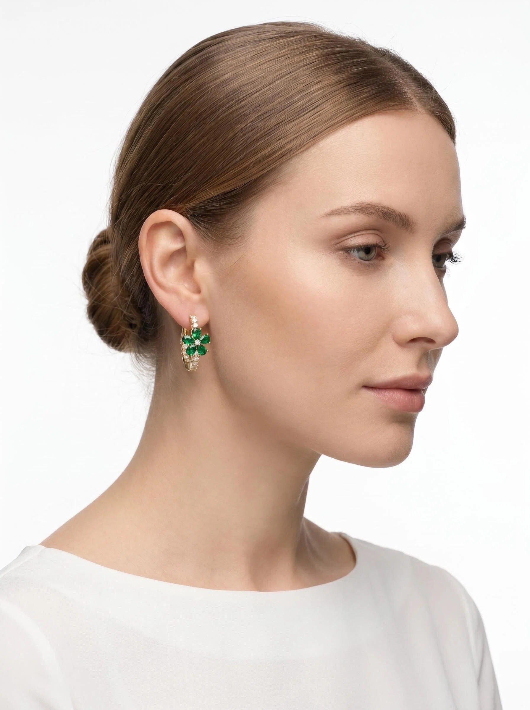Gold Emerald Flower Hoop Earrings with Pavé Zircon Huggie Details