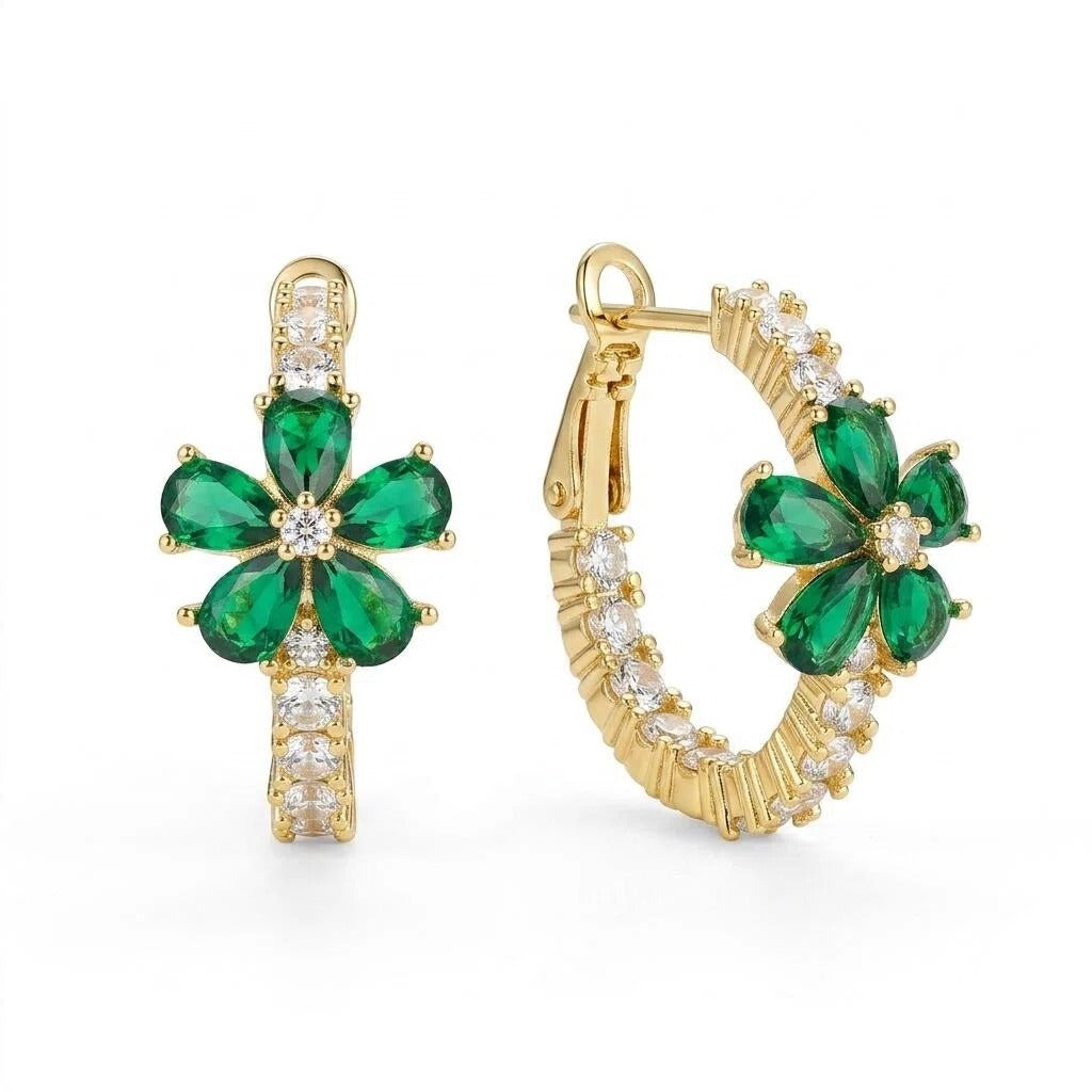 Gold Emerald Flower Hoop Earrings with Pavé Zircon Huggie Details