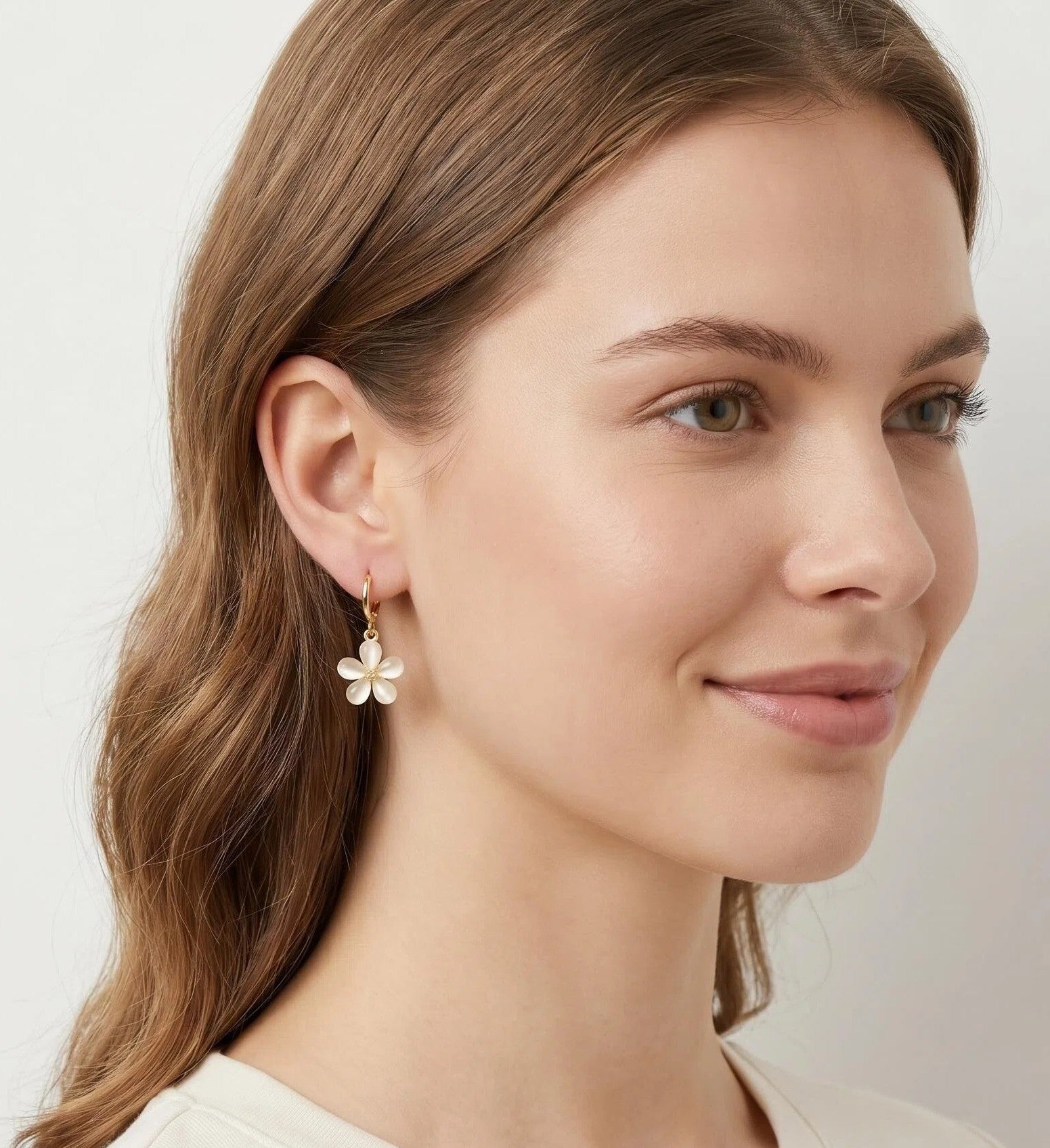 Gold Opal Flower Drop Hoop Earrings with Soft Petal Charm Details
