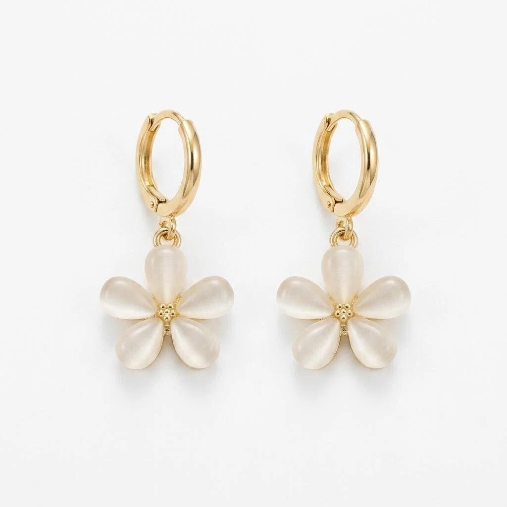 Gold Opal Flower Drop Hoop Earrings with Soft Petal Charm Details