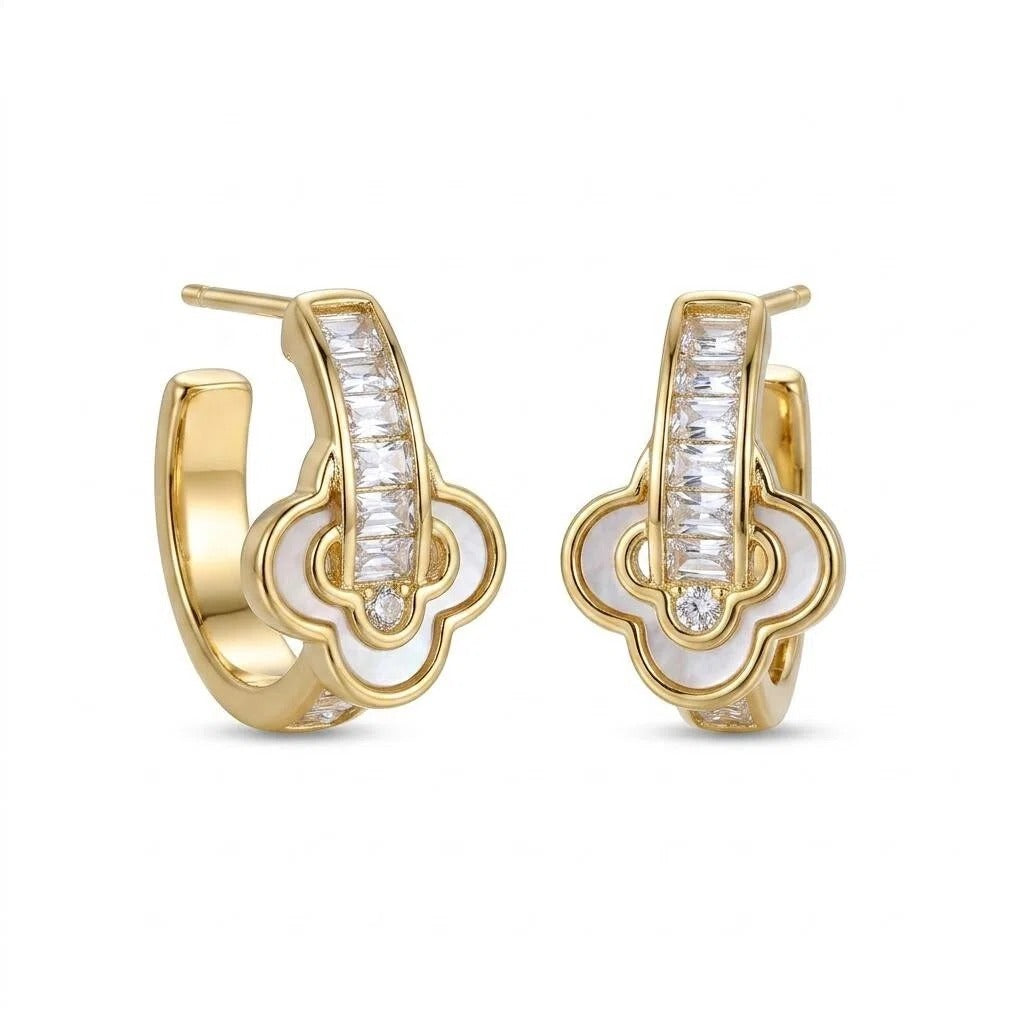 Gold Baguette Zircon Huggie Earrings with White Clover Charm Details