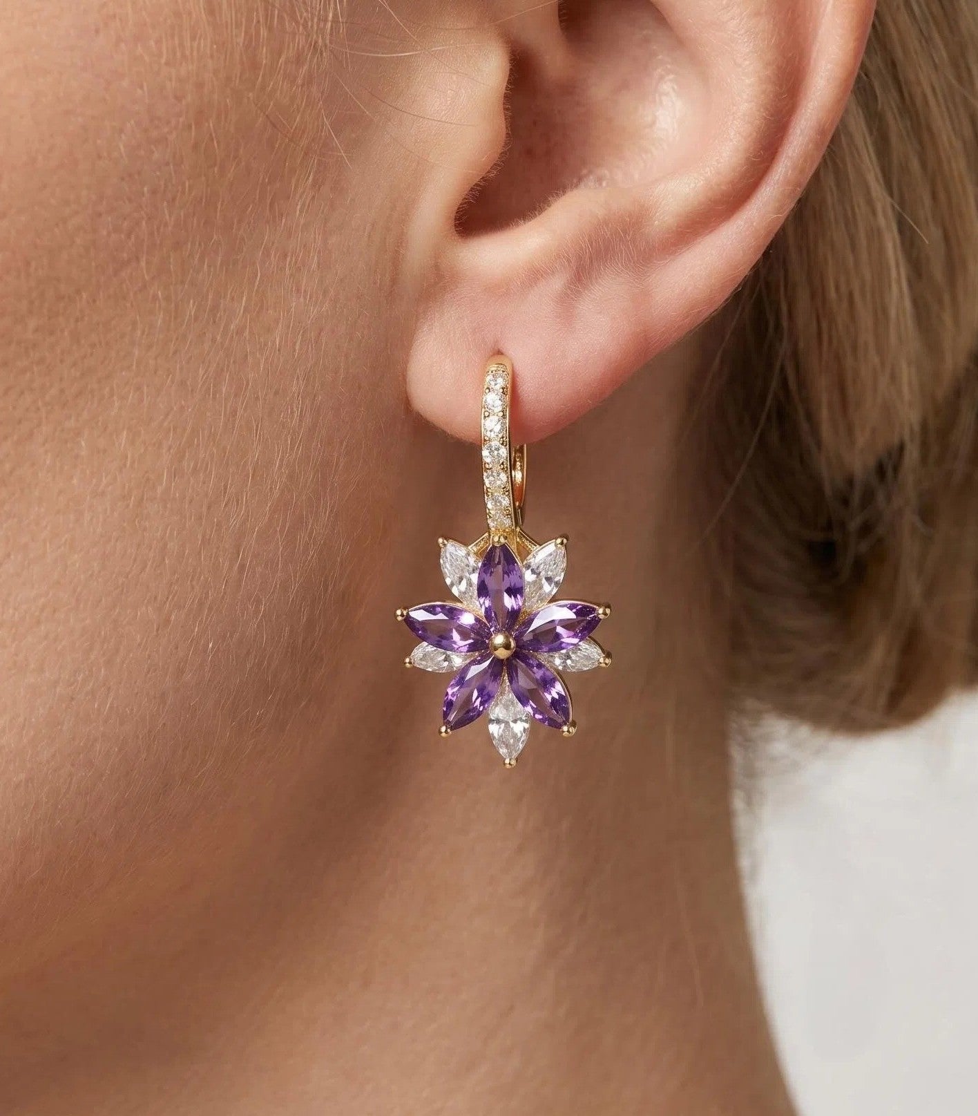 Gold Purple Marquise Flower Hoop Earrings with Pavé Zircon Huggie Details