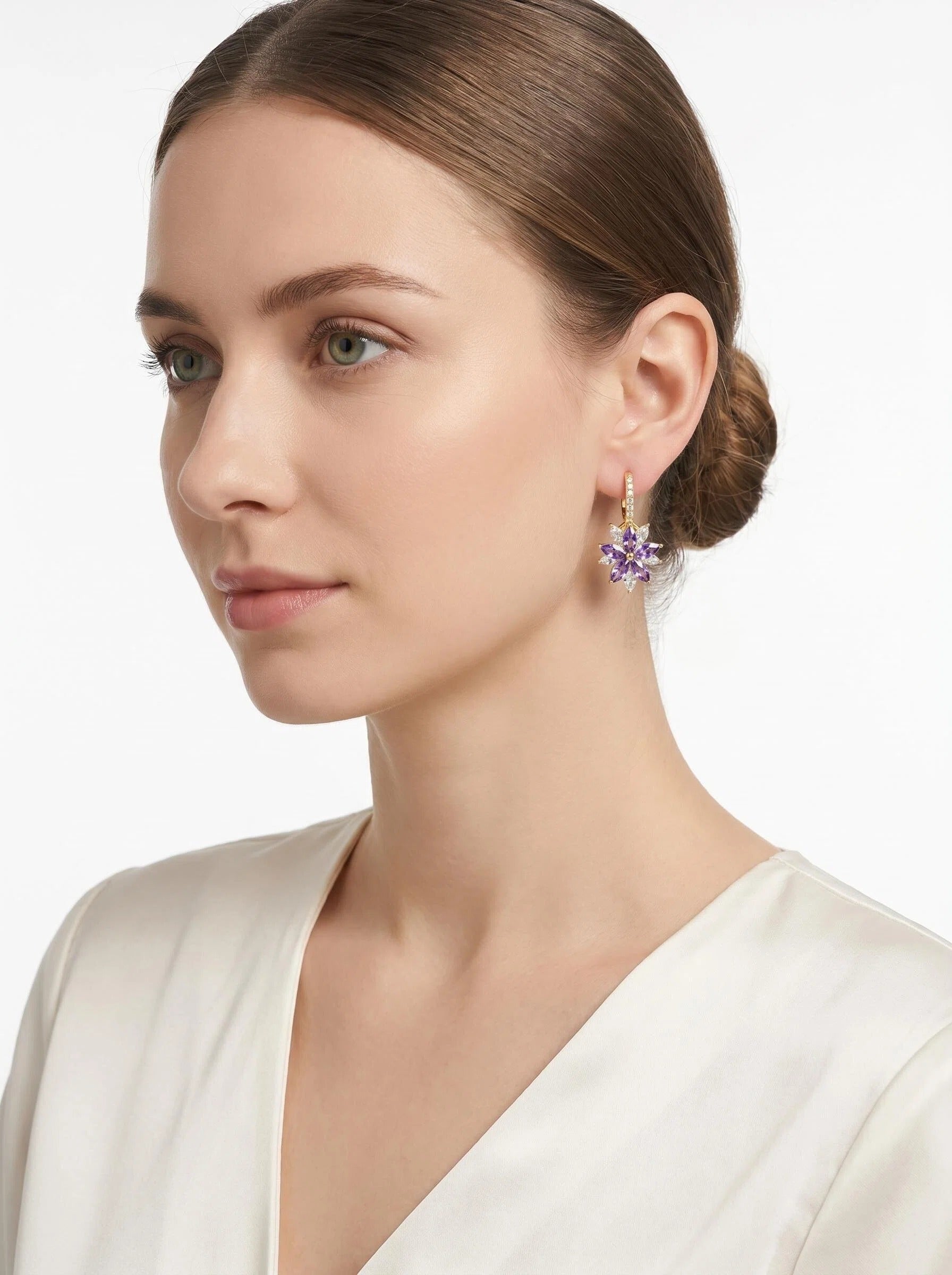 Gold Purple Marquise Flower Hoop Earrings with Pavé Zircon Huggie Details