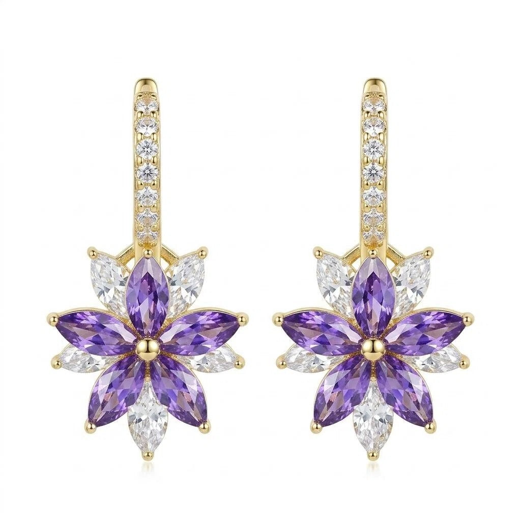 Gold Purple Marquise Flower Hoop Earrings with Pavé Zircon Huggie Details