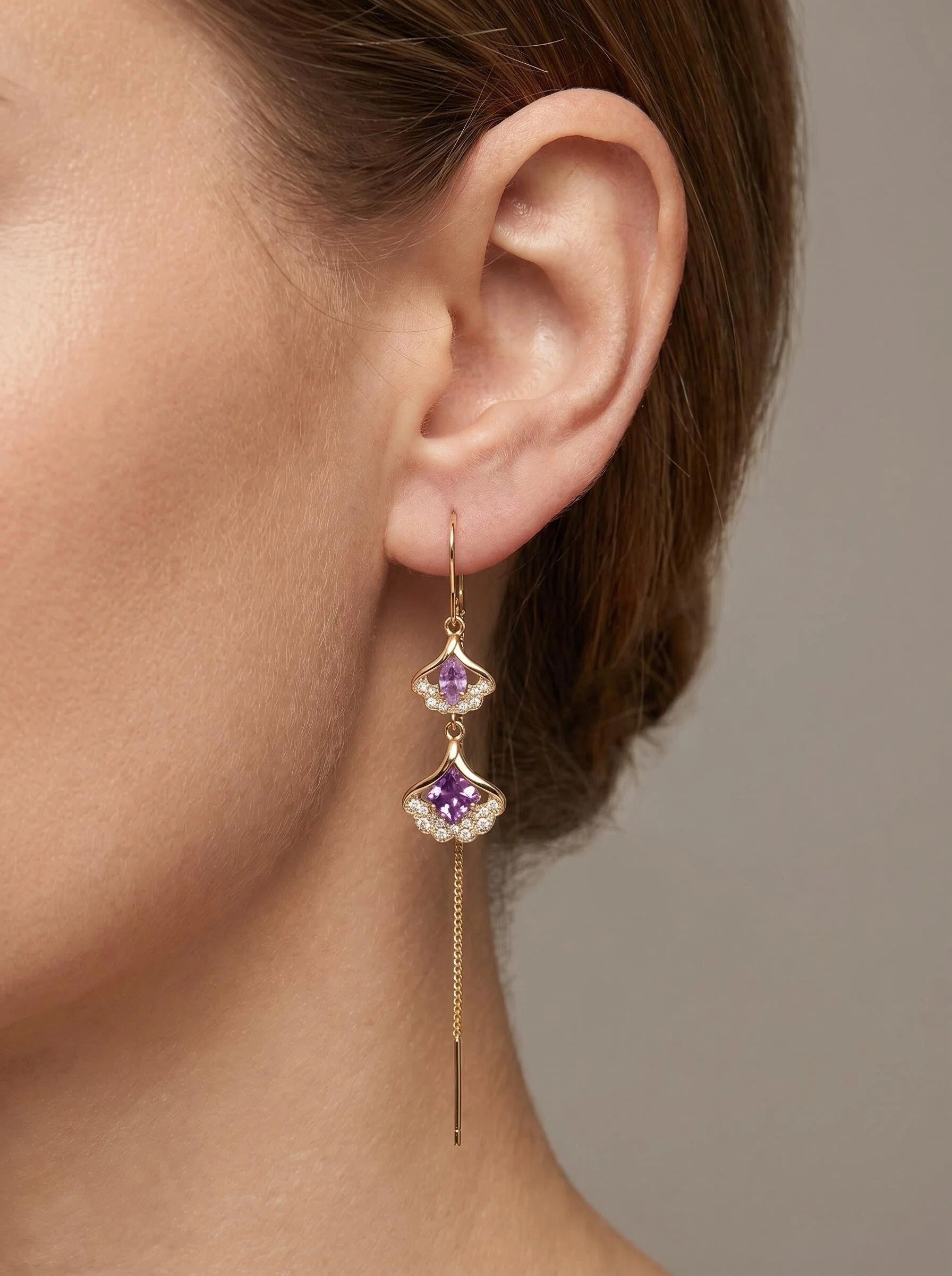 Gold Ginkgo Leaf Tassel Earrings with Purple Crystal Accents and Delicate Chain Drop