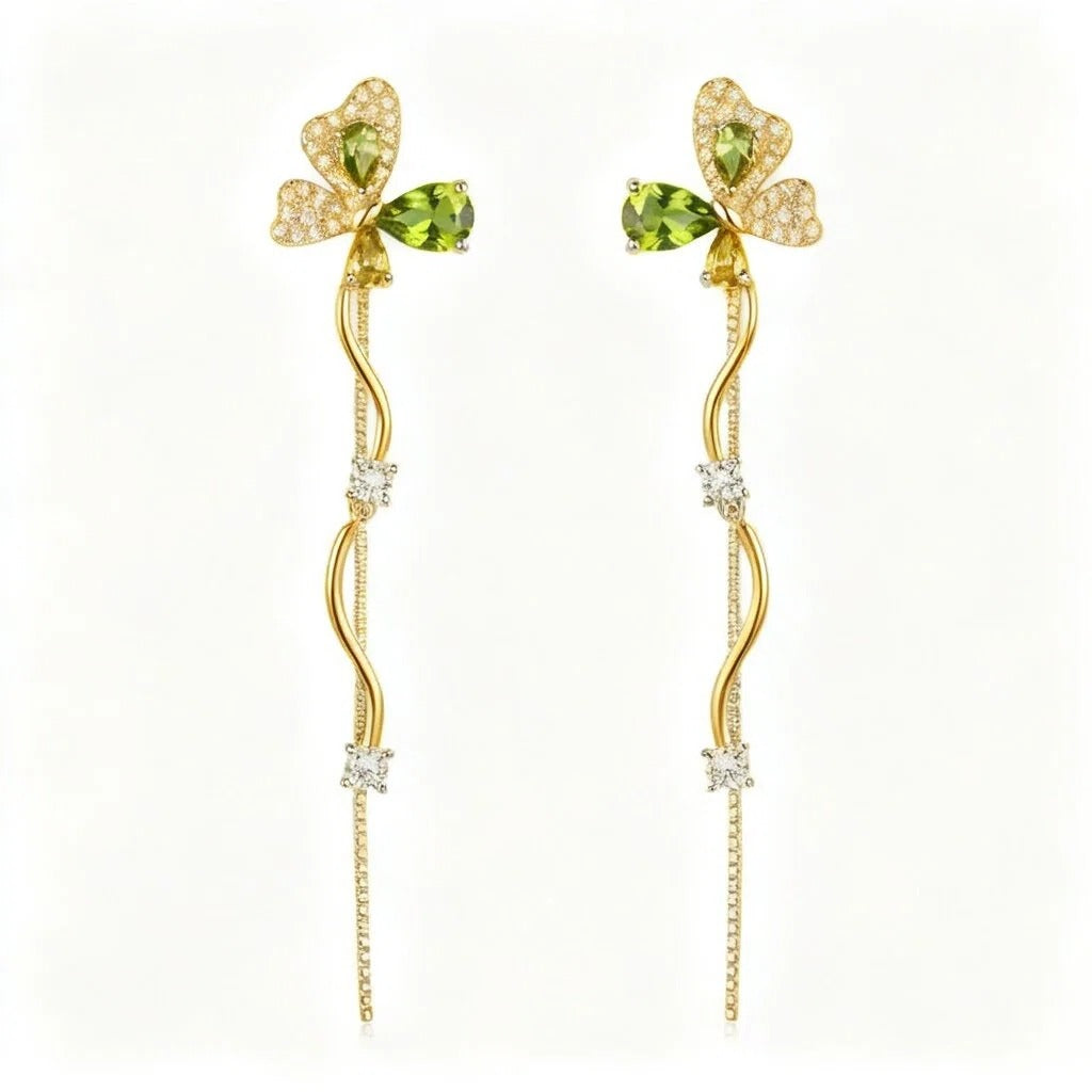 Gold & Silver Green Butterfly Vine Long Drop Earrings with Crystal Tassel Statement Design