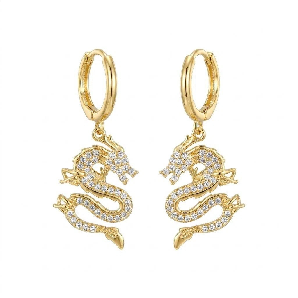 Gold & Silver Chinese Dragon Crystal Drop Earrings with Pavé Zircon Statement Charm Design