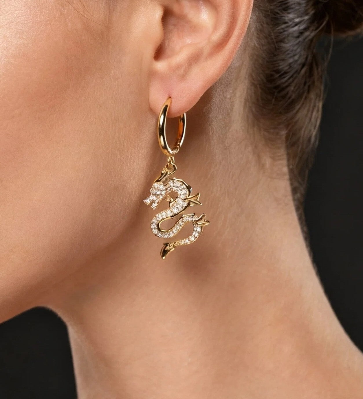 Gold & Silver Chinese Dragon Crystal Drop Earrings with Pavé Zircon Statement Charm Design