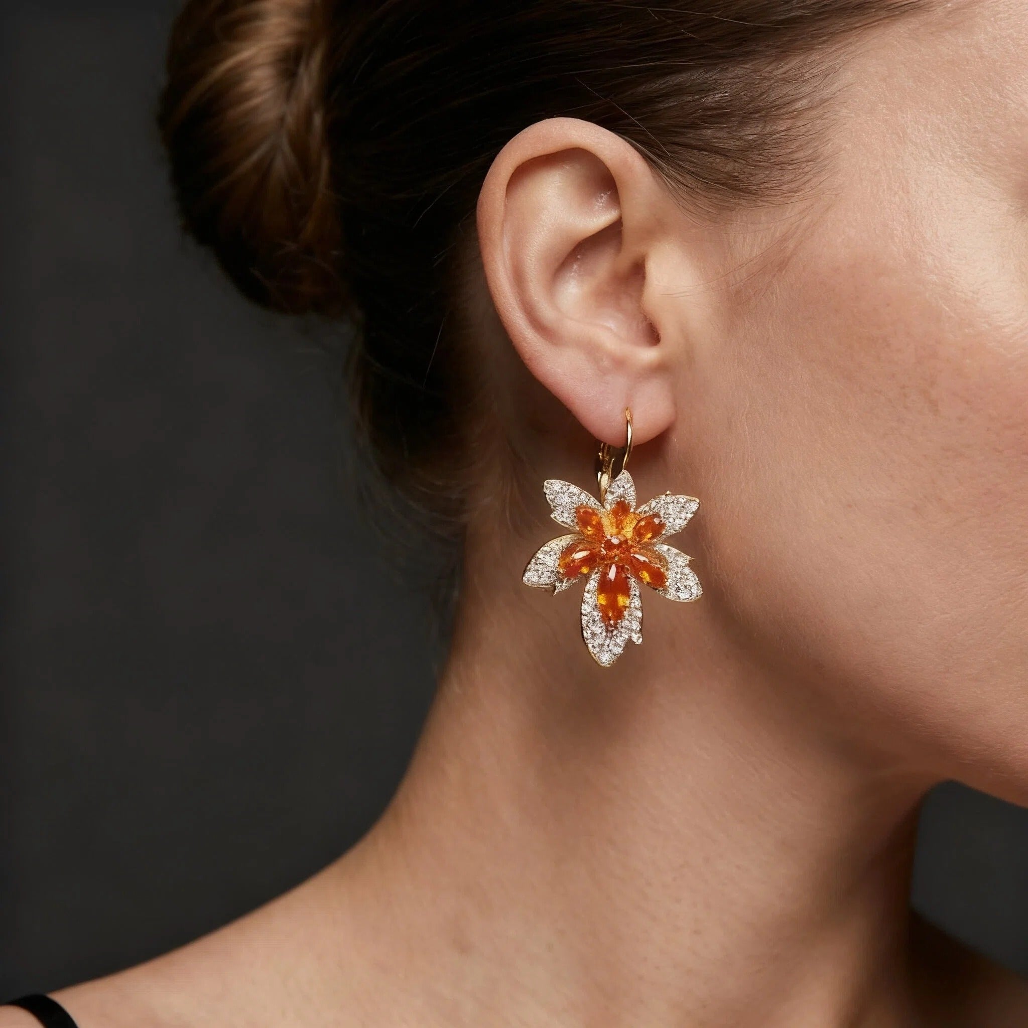 Golden Amber Maple Leaf Crystal Hoop Earrings with Orange Zircon Accents