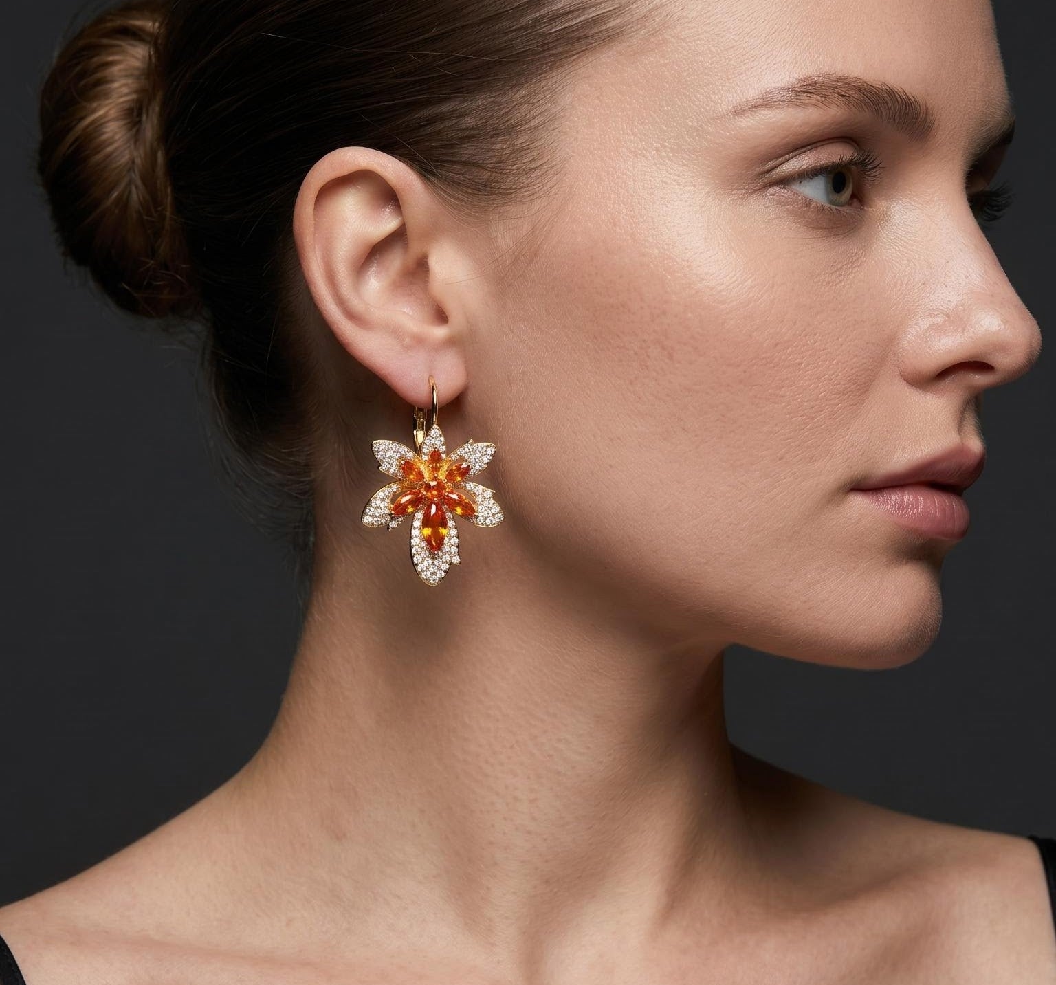 Golden Amber Maple Leaf Crystal Hoop Earrings with Orange Zircon Accents