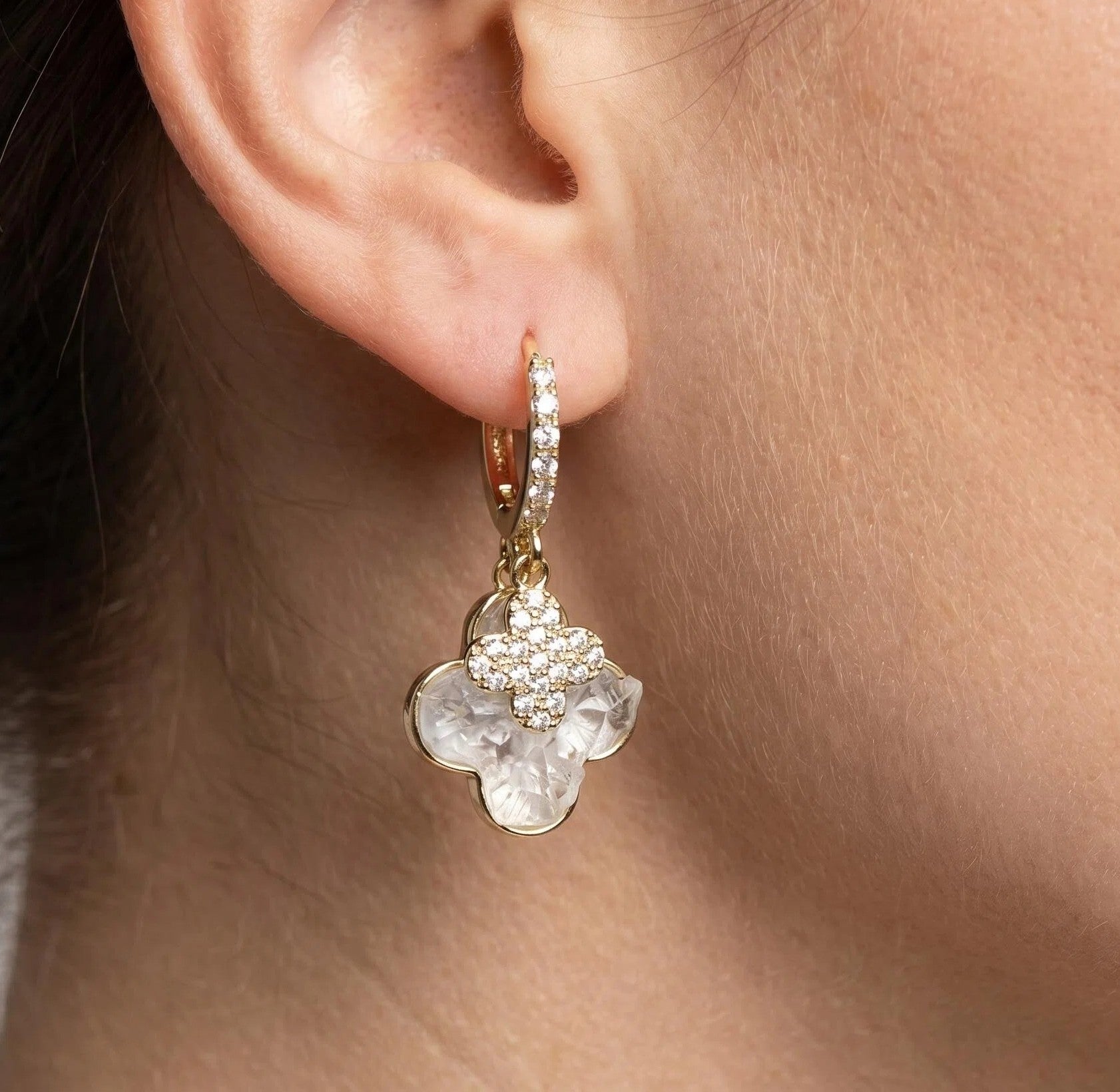 Gold Crystal Butterfly & Clover Charm Drop Earrings with Pavé Zircon Accents