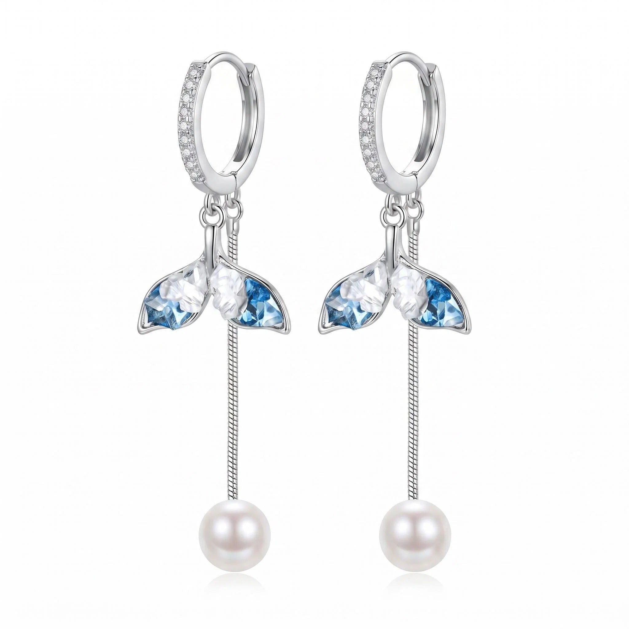 Silver Whale Tail Pearl Drop Hoop Earrings