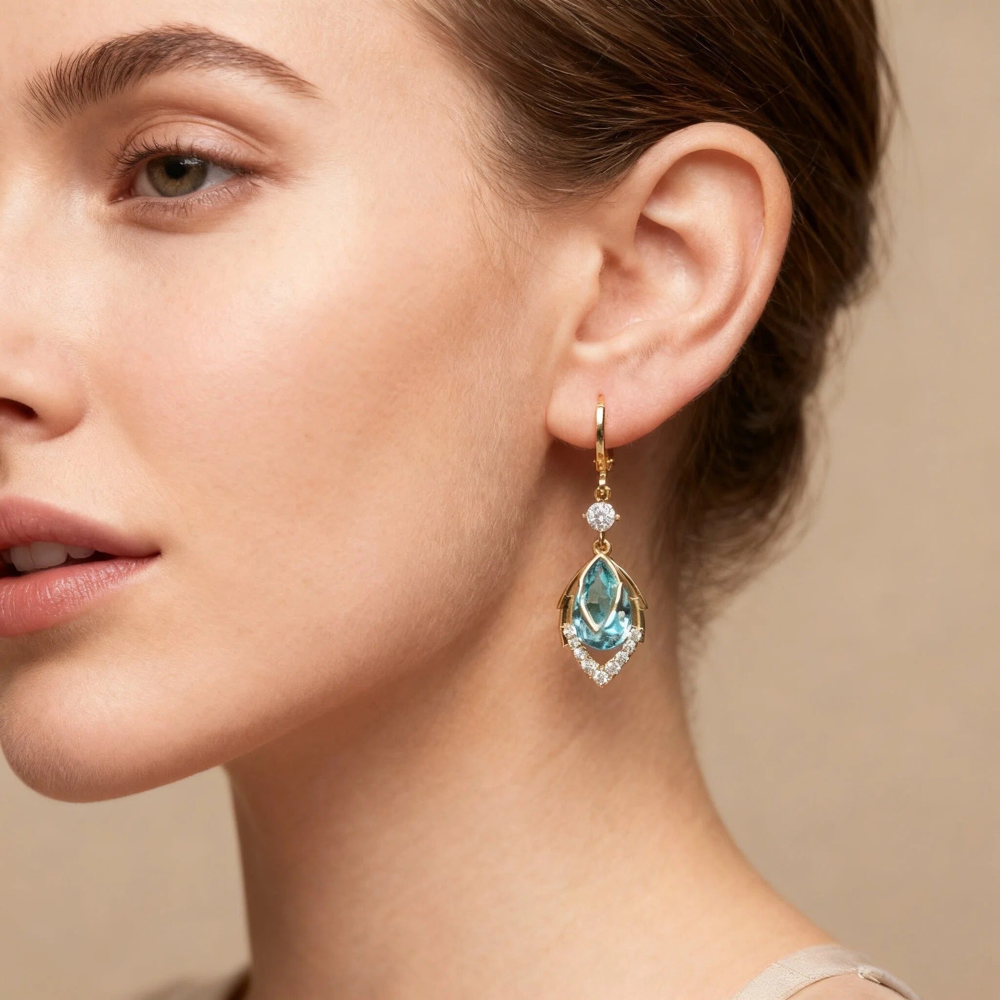 Gold Teardrop Blue Crystal Drop Earrings with Zircon Hoop Detail