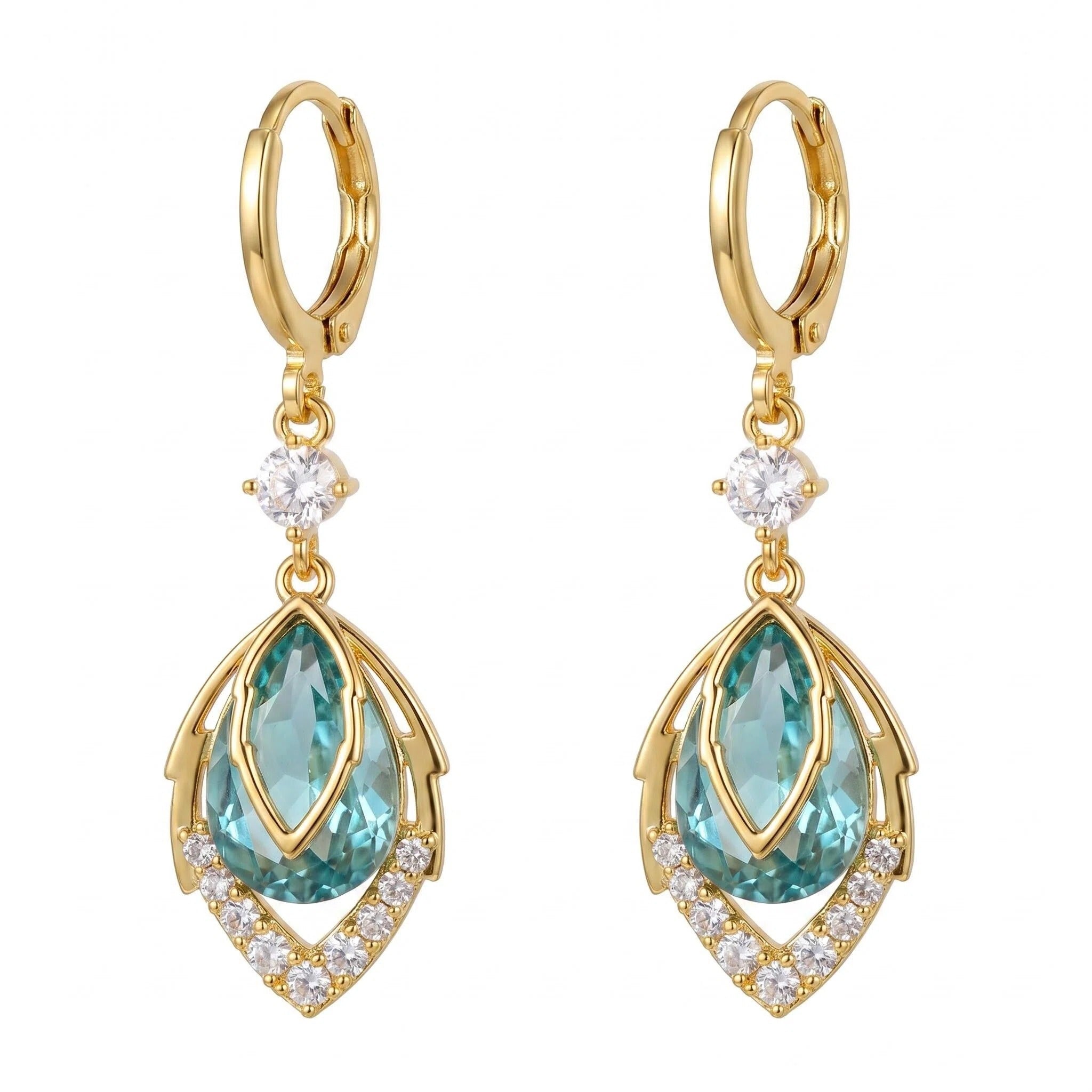 Gold Teardrop Blue Crystal Drop Earrings with Zircon Hoop Detail