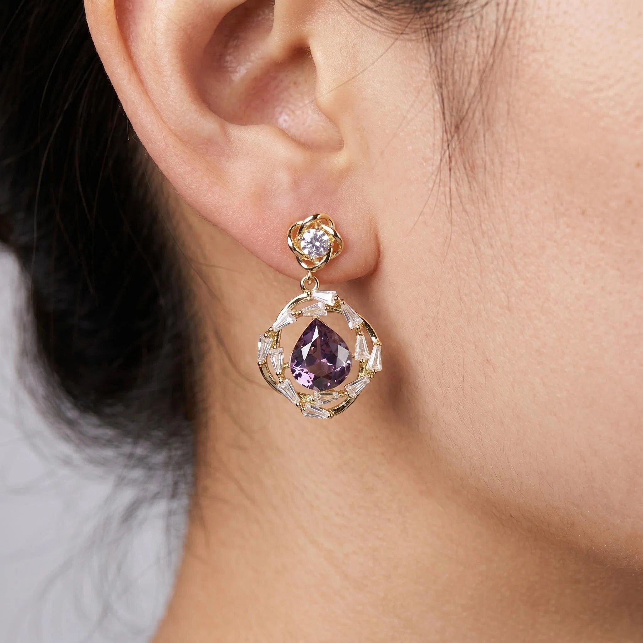 Gold Purple Teardrop Crystal Drop Earrings with Floral Zircon Halo Detail