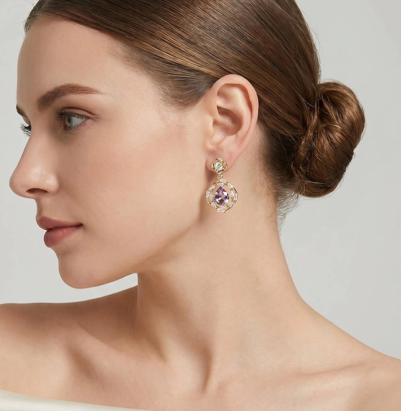 Gold Purple Teardrop Crystal Drop Earrings with Floral Zircon Halo Detail