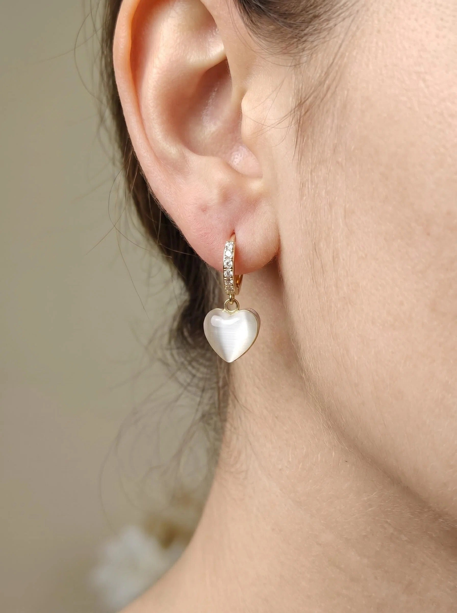 Gold White Heart Charm Drop Earrings with Crystal Pavé Detail