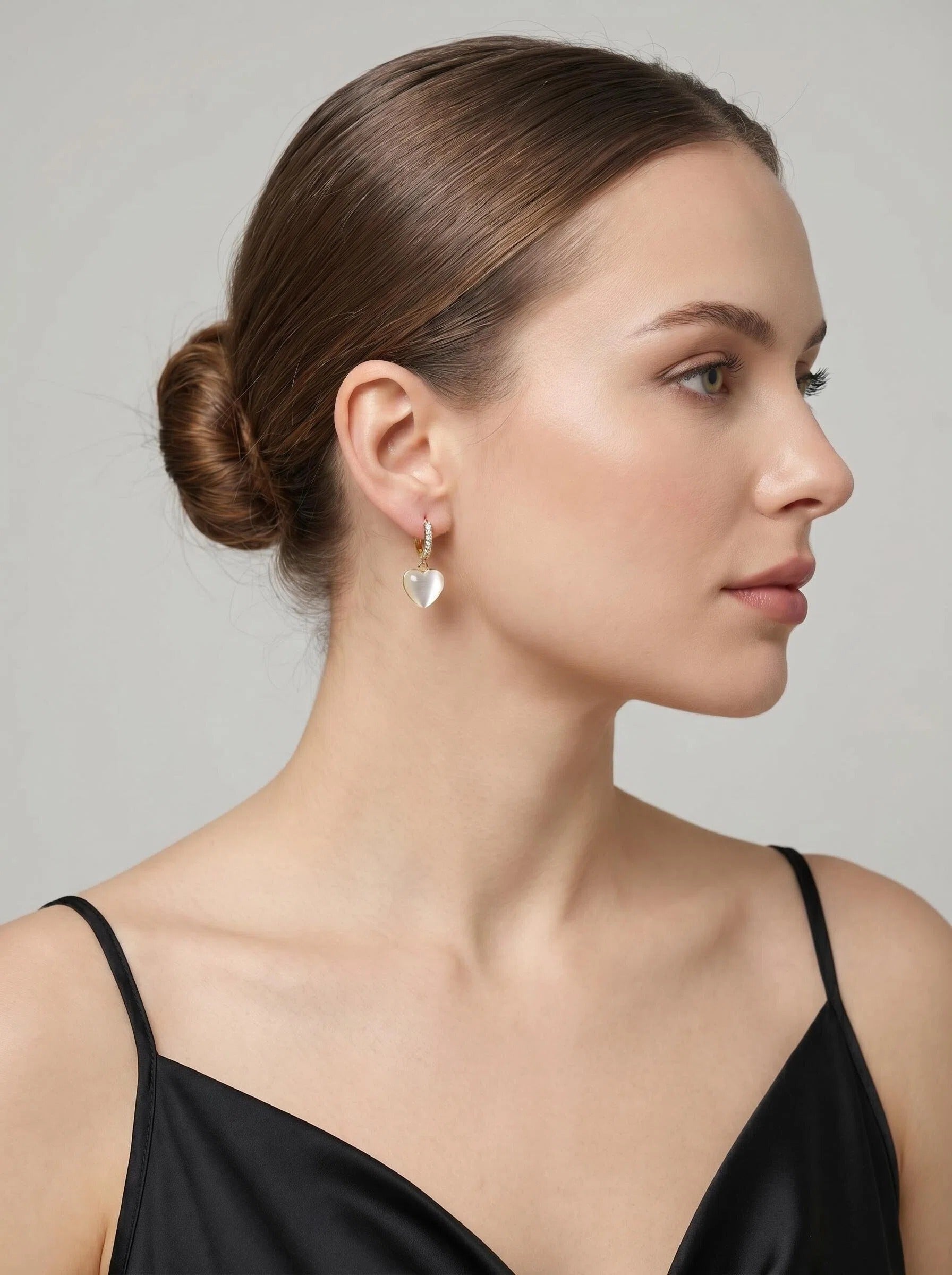 Gold White Heart Charm Drop Earrings with Crystal Pavé Detail