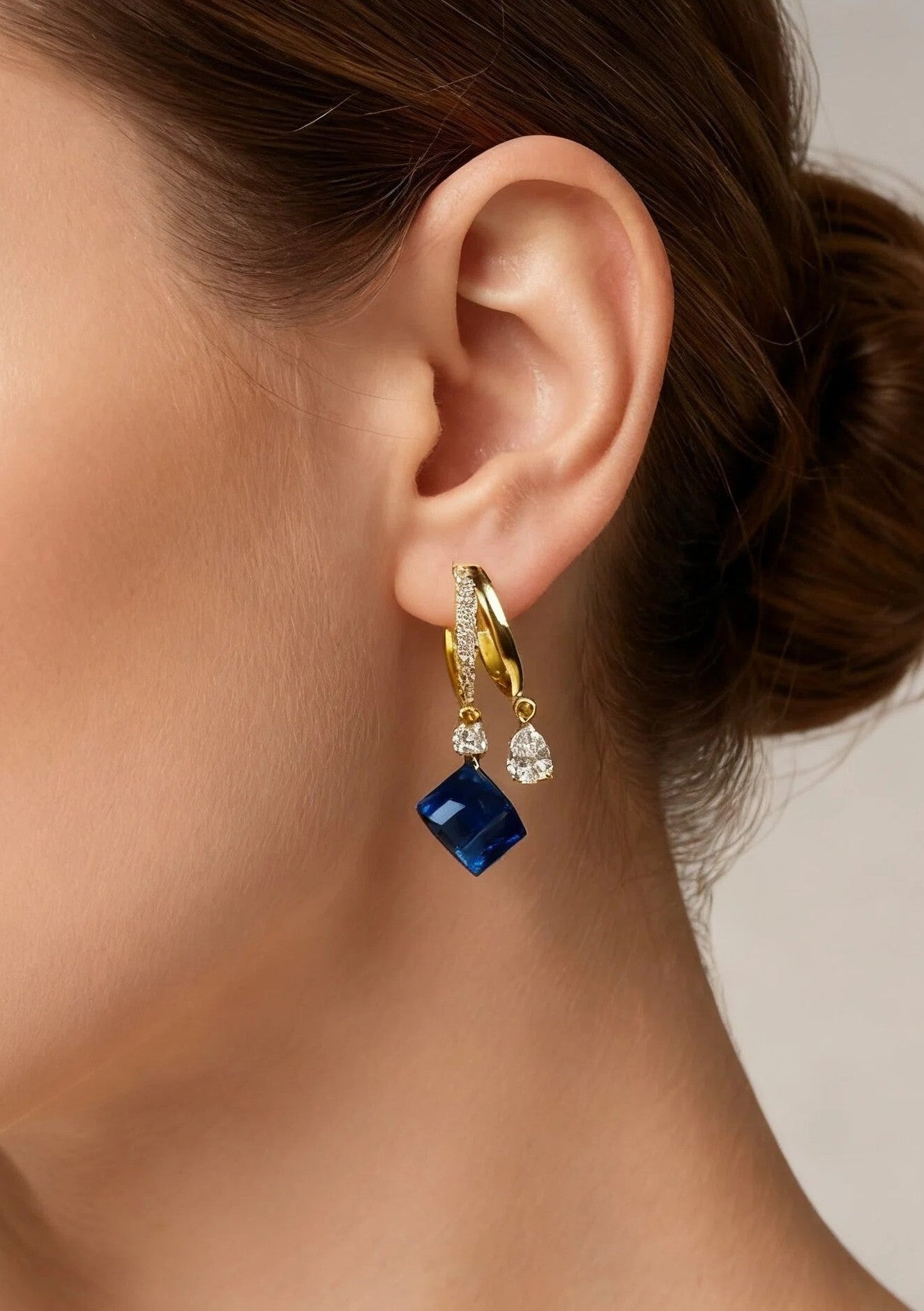 Gold Blue Crystal Cube Drop Drop Earrings with Zircon Charm Detail