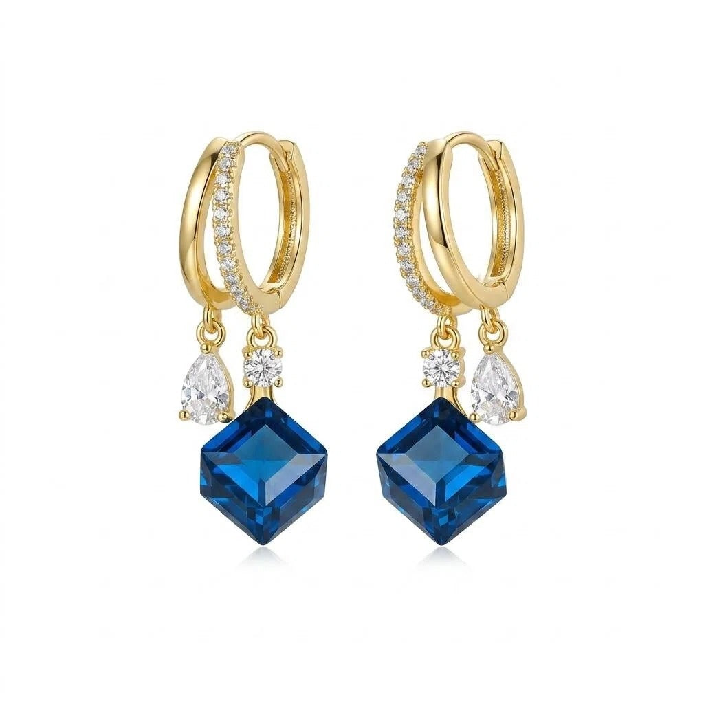 Gold Blue Crystal Cube Drop Drop Earrings with Zircon Charm Detail