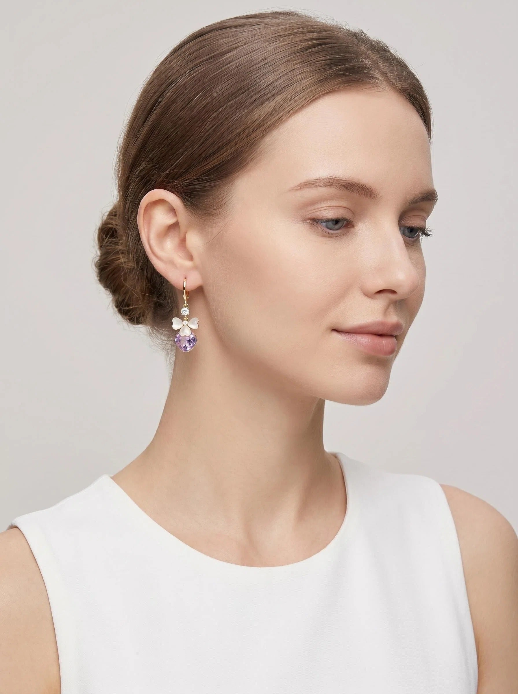 Gold Purple Crystal Bow Drop Hoop Earrings with White Heart Charm Detail