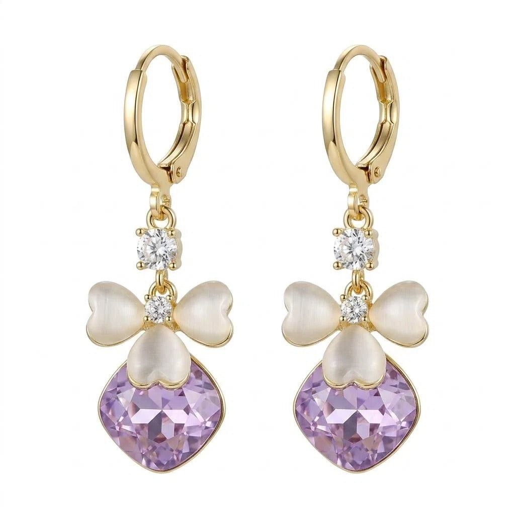 Gold Purple Crystal Bow Drop Hoop Earrings with White Heart Charm Detail