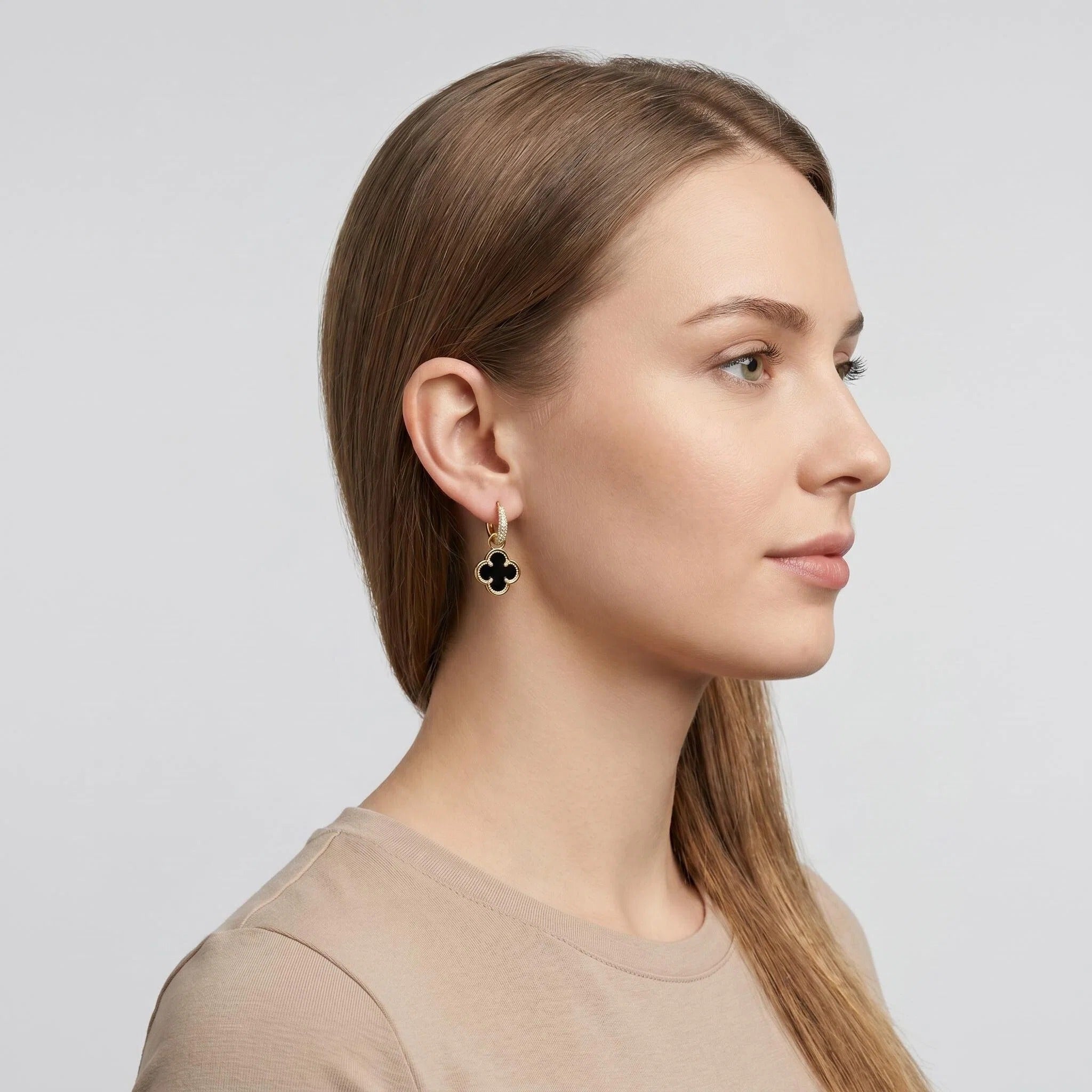 Gold Pavé Hoop Earrings with Black Clover Charm Drop and Zircon Details