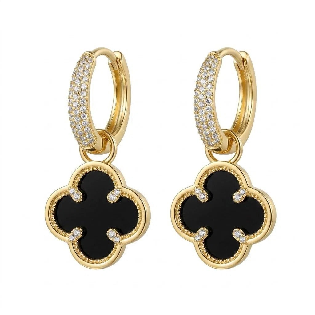 Gold Pavé Hoop Earrings with Black Clover Charm Drop and Zircon Details