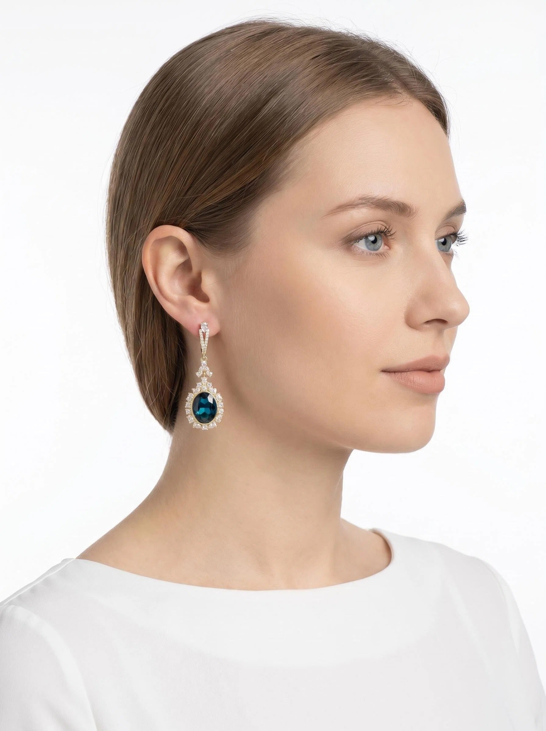 Gold Teardrop Statement Earrings with Sapphire Blue Crystal and Halo Zircon Accents