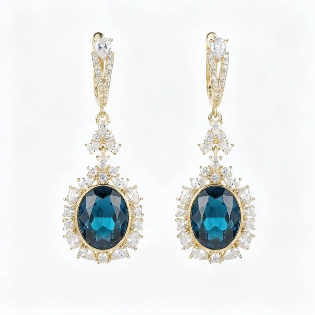 Gold Teardrop Statement Earrings with Sapphire Blue Crystal and Halo Zircon Accents