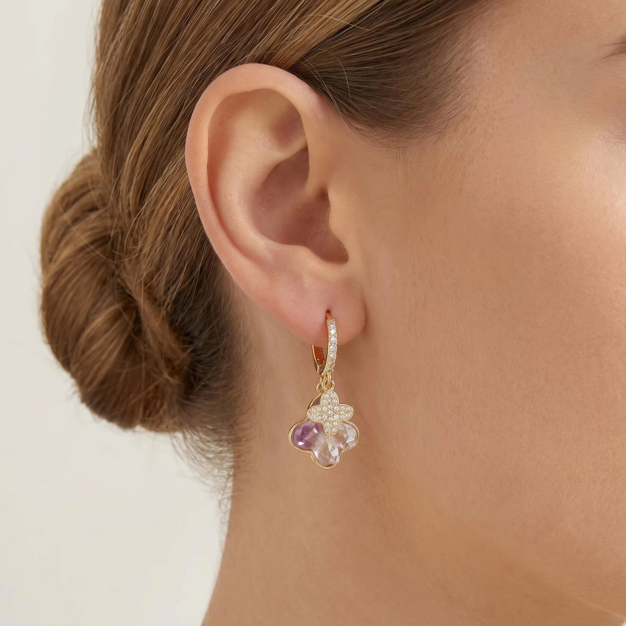 Gold Pavé Hoop Earrings with Pink Crystal Clover Charm and Irregular Stone Drop Pendant