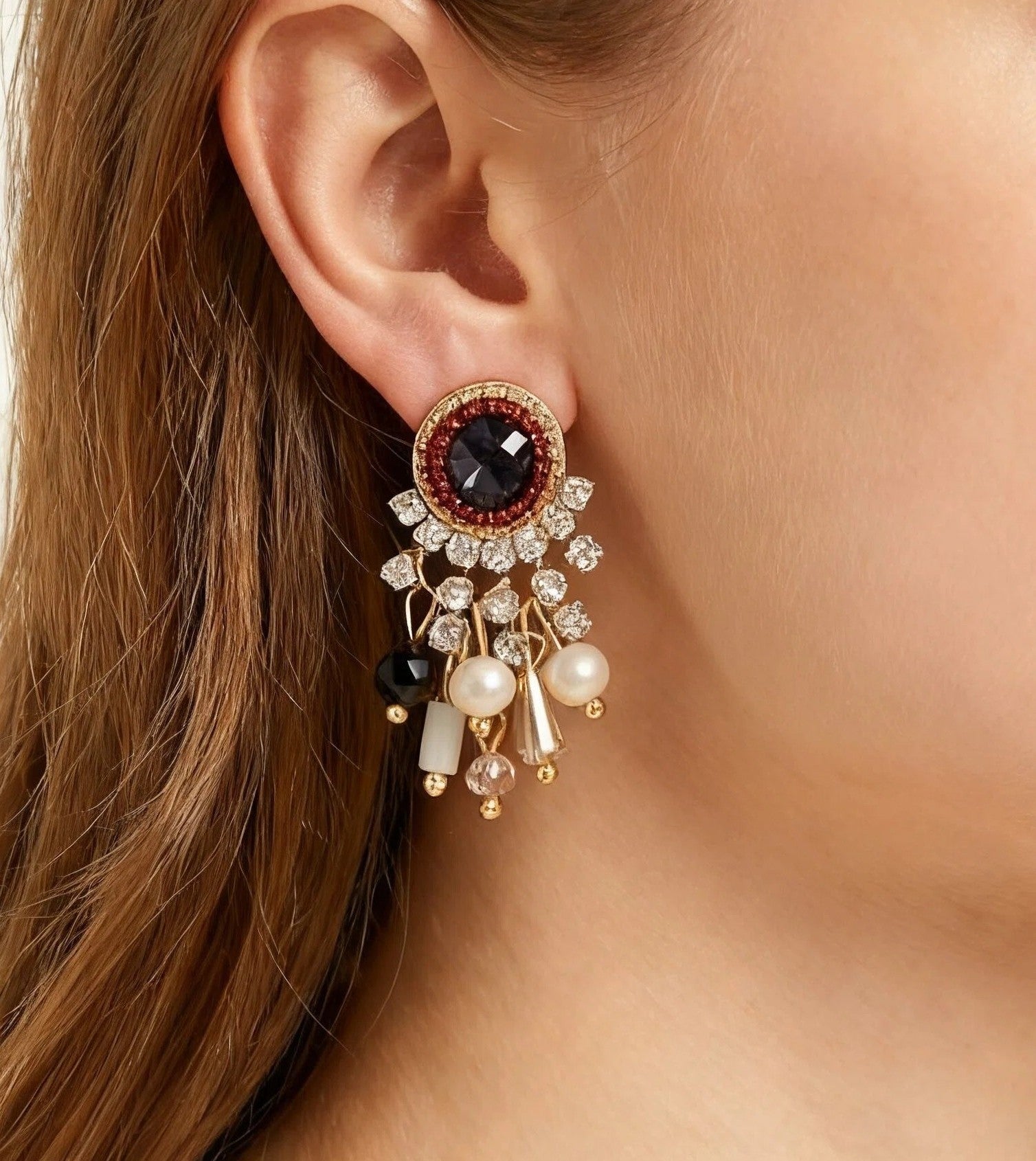 Vintage Gold Dreamcatcher Tassel Earrings with Crystal Fringe and Mixed Bead Charms