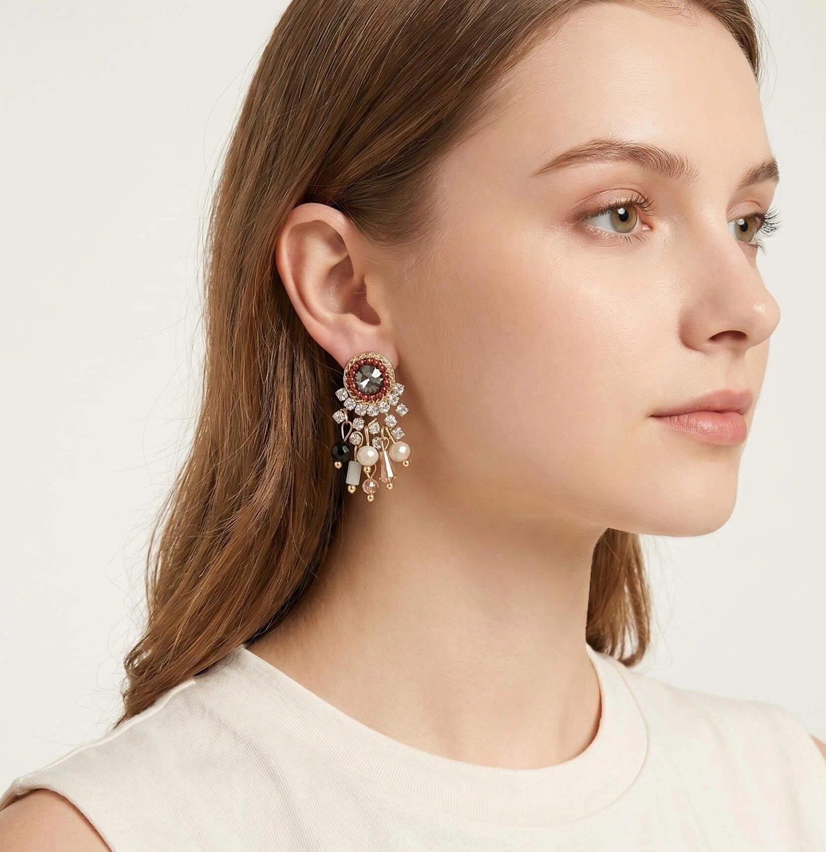 Vintage Gold Dreamcatcher Tassel Earrings with Crystal Fringe and Mixed Bead Charms