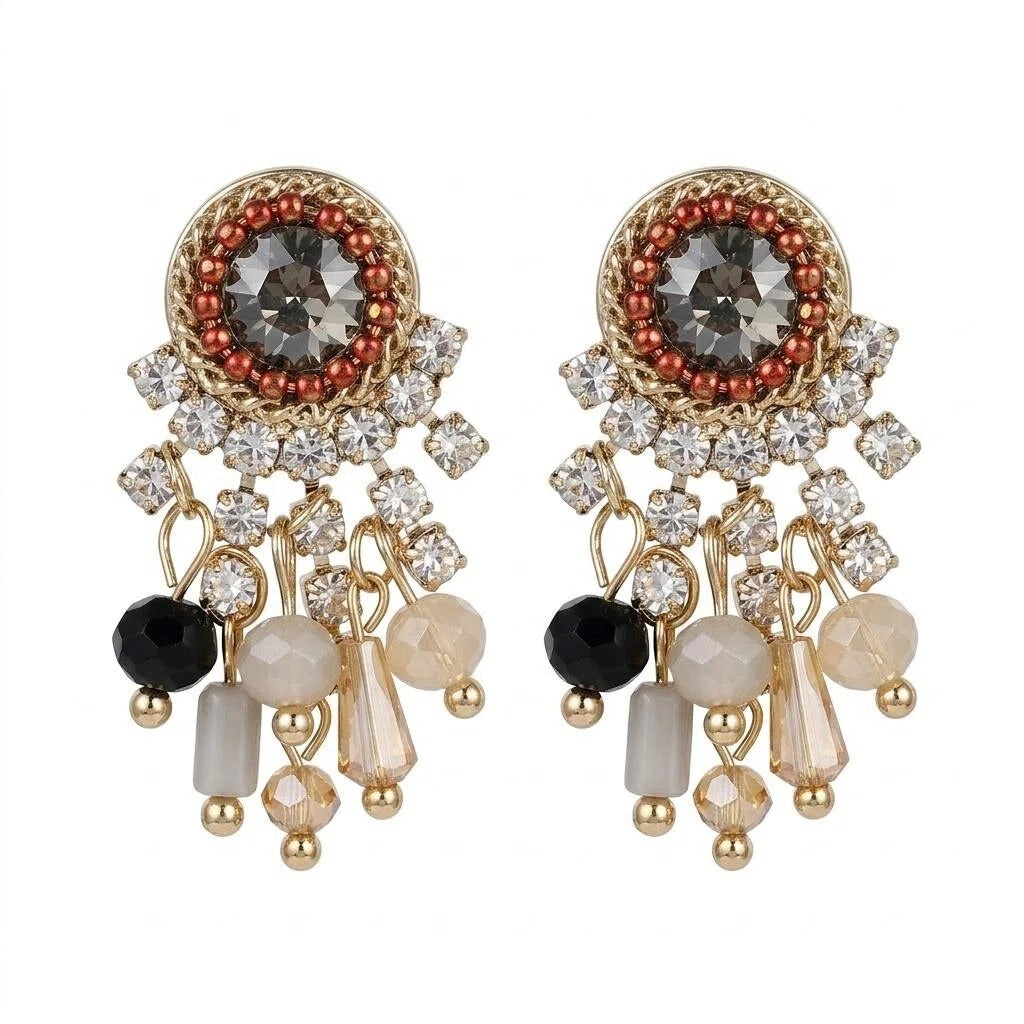 Vintage Gold Dreamcatcher Tassel Earrings with Crystal Fringe and Mixed Bead Charms