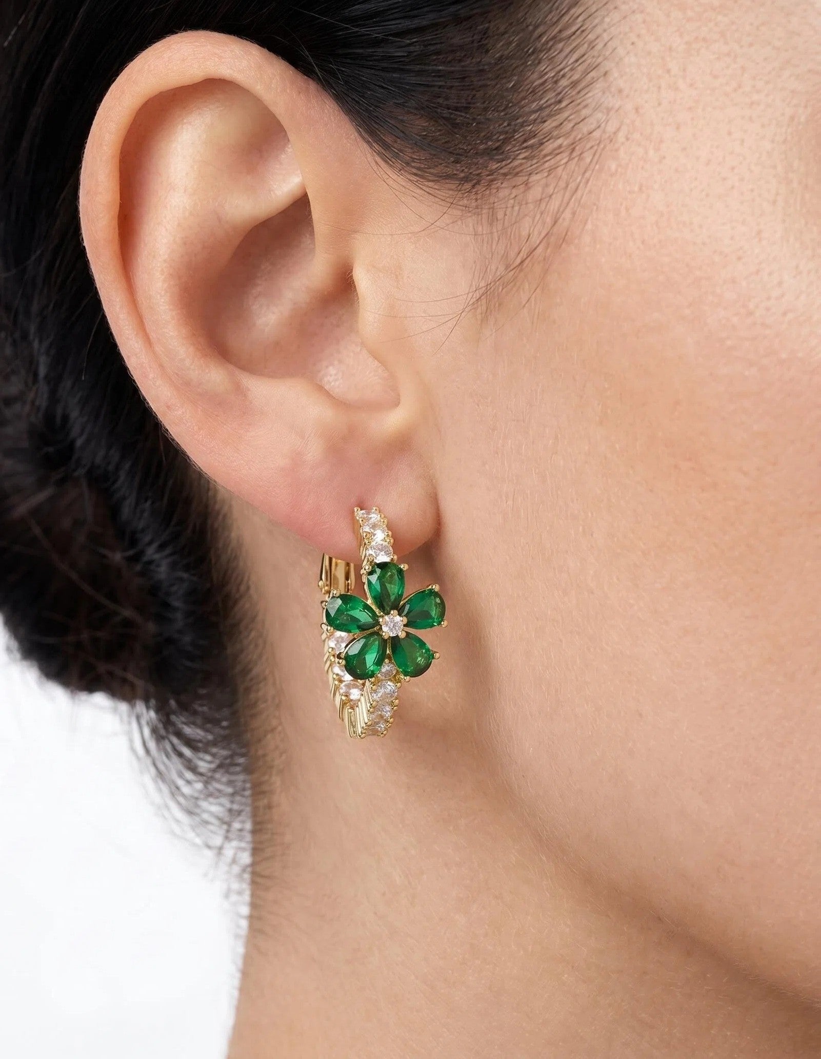 Gold Emerald Flower Hoop Earrings with Pavé Zircon Huggie Details