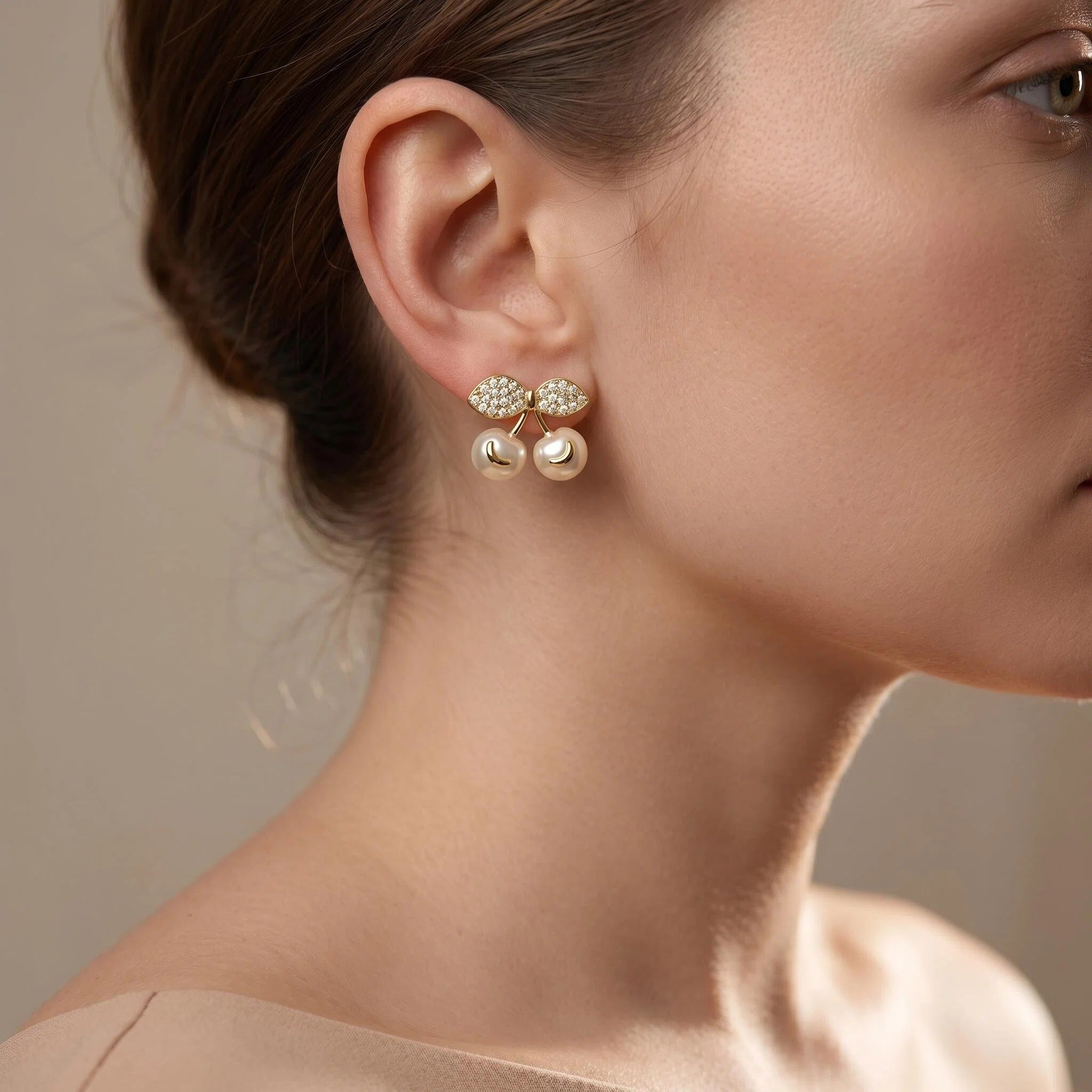Gold Pavé Cherry Stud Earrings with Pearl White Cherry Charms and Zircon Leaf Details