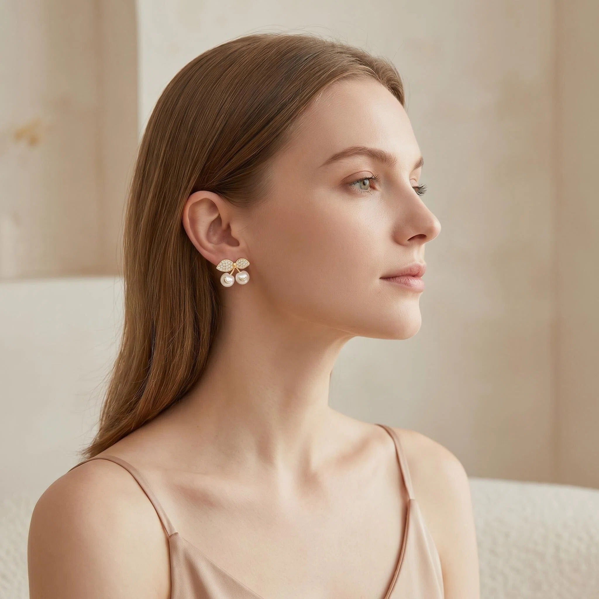 Gold Pavé Cherry Stud Earrings with Pearl White Cherry Charms and Zircon Leaf Details