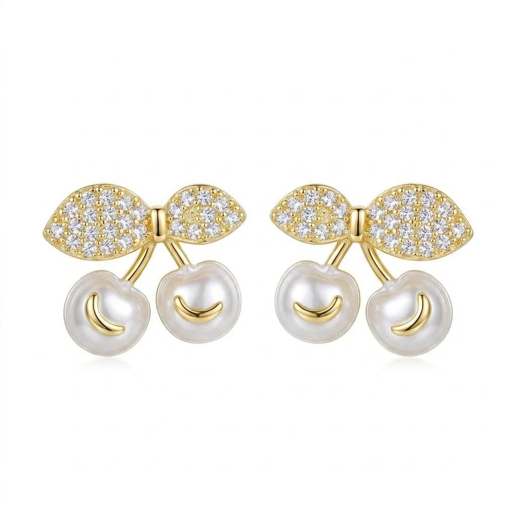 Gold Pavé Cherry Stud Earrings with Pearl White Cherry Charms and Zircon Leaf Details